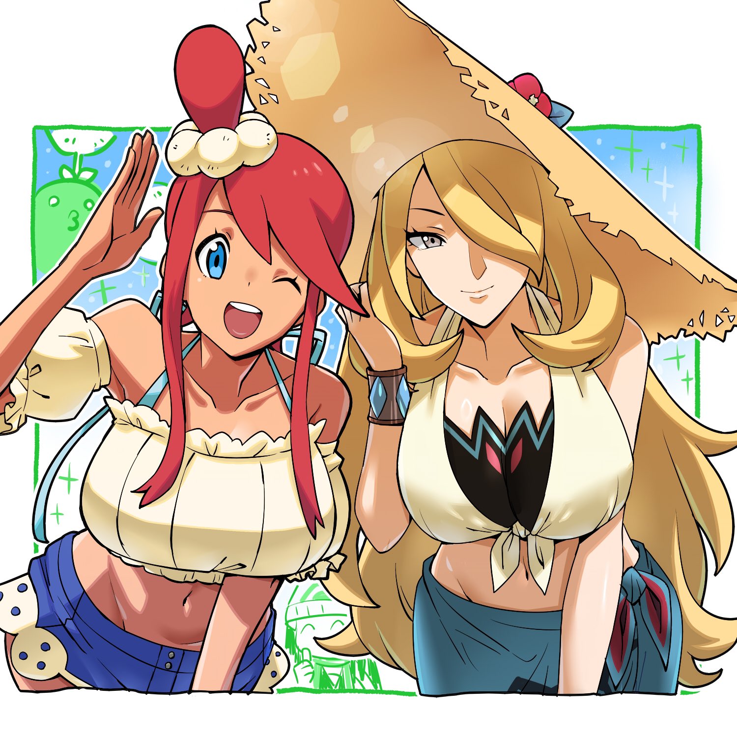;d, 3girls, alternate breast size, big breasts, blonde hair, blue eyes, blue shorts, bracelet, breasts, cleavage, collarbone, commentary request, cynthia (pokemon), cynthia (summer 2025) (pokemon masters), dawn (pokemon), eyelashes, female, female only, game freak, gen 2 pokemon, grey eyes, hair ornament, hair over one eye, hand up, happy, hat, highres, jewelry, jumpluff, kenchi, large breasts, leaning forward, long hair, looking at viewer, multiple females, multiple girls, navel, nintendo, official alternate costume, one eye closed, one side up, open mouth, pokemon, pokemon bw, pokemon dppt, pokemon masters, pokemon masters ex, red hair, sarong, shirt, short shorts, shorts, sidelocks, skyla (pokemon), skyla (summer 2025) (pokemon masters), smile, sun hat, teeth, tied shirt, upper teeth only, yellow hat