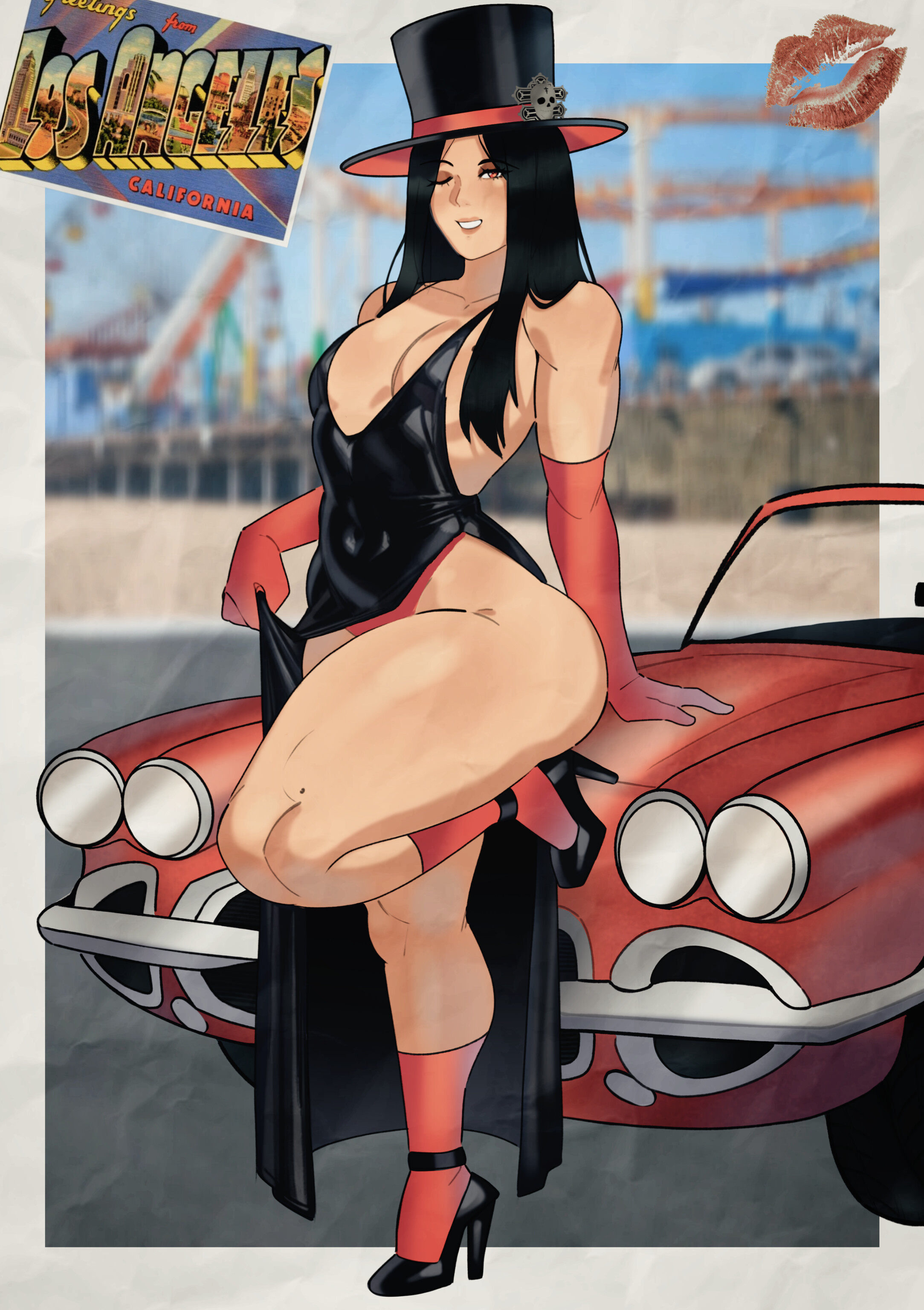 1960s, 1boy, 2d, 60s, alternate version available, ambiguous gender, androgynous, arc system works, background, beach, car, card, clothed, clothed male, color, corvette, crossdressing, dress, elbow gloves, femboy, femboy only, full color, gay, gloves, goth, guilty gear, guilty gear strive, hat, high heels, hooker, johnv, long hair, los angeles, male, male only, model pose, modeling, non-nude, otoko no ko, photography (artwork), pinup, pinup pose, postcard, poster, pumps, socks, solo, solo male, testament (guilty gear), thick thighs, thighs, top hat, trap, wink