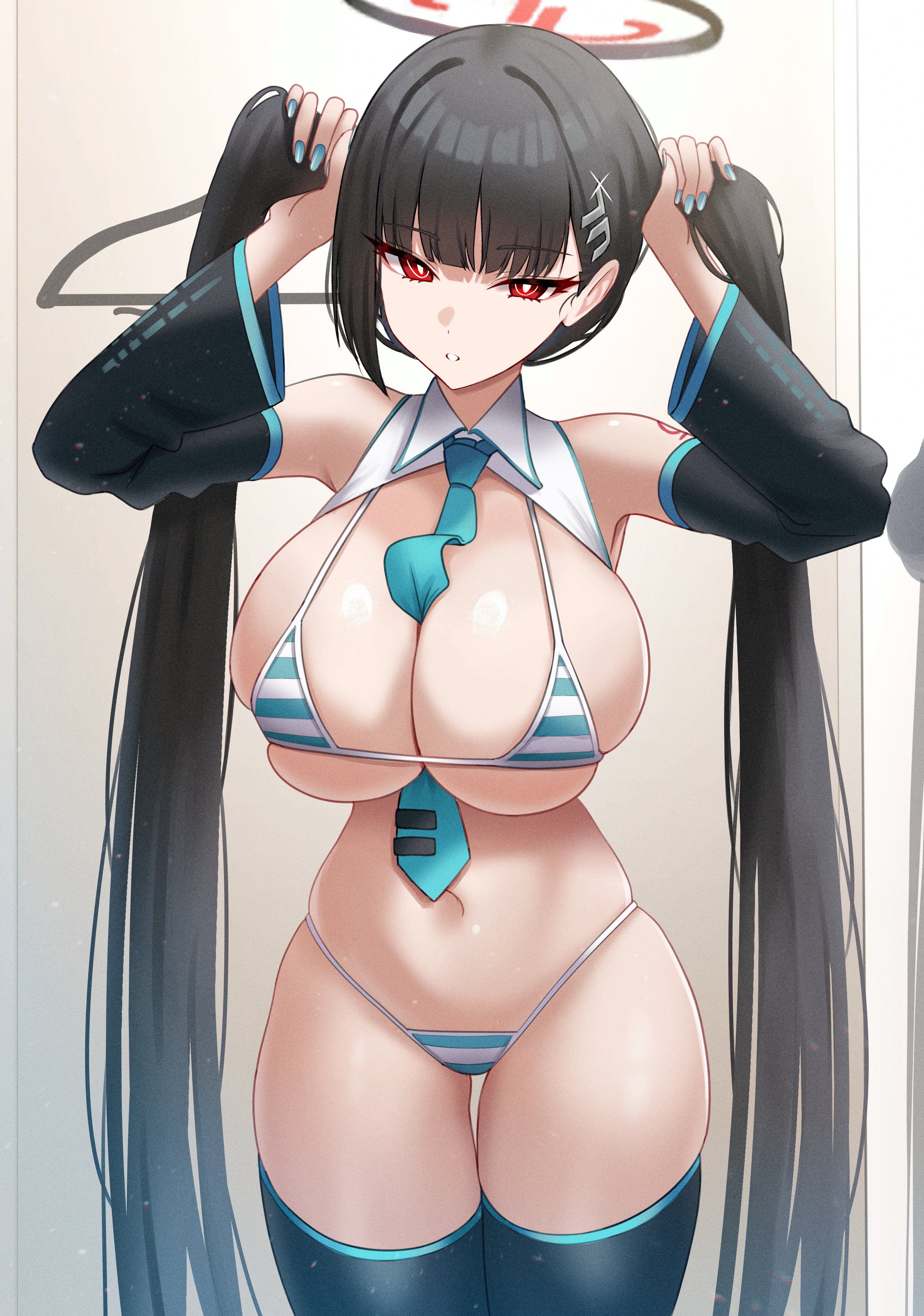 1girl, absurdres, alternate hairstyle, aqua bikini, aqua nails, aqua necktie, aqua trim, bangs, bare shoulders, between breasts, bikini, black hair, black halo, black sleeves, black thighhighs, blue archive, blue nails, blue necktie, blunt bangs, breasts, bright pupils, bunching hair, cleavage, cosplay, detached collar, detached sleeves, female, female only, hair ornament, hairclip, halo, hands up, hatsune miku, hatsune miku (cosplay), highres, holding, holding hair, holding own hair, horizontal-striped bikini, huge breasts, large breasts, long hair, looking at viewer, micro bikini, miku collar bikini, mizikayo, nail polish, navel, necktie, necktie between breasts, number tattoo, parted lips, red eyes, rio (blue archive), seductive gaze, shoulder tattoo, skindentation, solo, stomach, striped, striped bikini, striped clothes, swimsuit, tattoo, thick thighs, thigh gap, thighhighs, thighs, tie clip, twintails, very long hair, vocaloid, white pupils