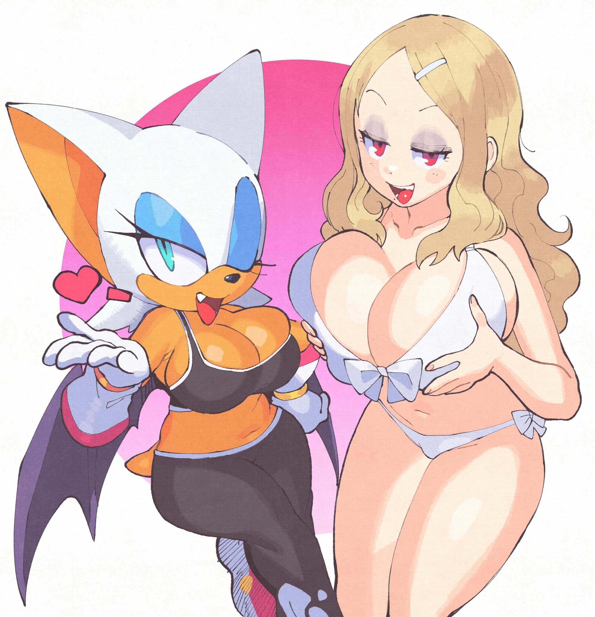 2girls, animal ears, animal nose, aqua eyes, bat ears, bat girl, bat wings, bikini, black pants, black sports bra, blonde hair, blue eyes, blue eyeshadow, breasts, cleavage, clothing, eyeshadow, female, furry, furry female, gloves, hair ornament, hairclip, half-closed eyes, huge breasts, inkerton-kun, inkuusan, interspecies, large breasts, lipstick, long hair, looking at viewer, makeup, multiple girls, navel, oerba yun fang, one eye closed, open mouth, pants, red eyes, rouge the bat, rouge the rider, senran kagura, shiki (senran kagura), side-tie bikini bottom, smile, sonic (series), sonic riders, sonic the hedgehog (series), sports bra, sportswear, swimsuit, tail, tongue, white bikini, white fur, white gloves, wings, yoga pants