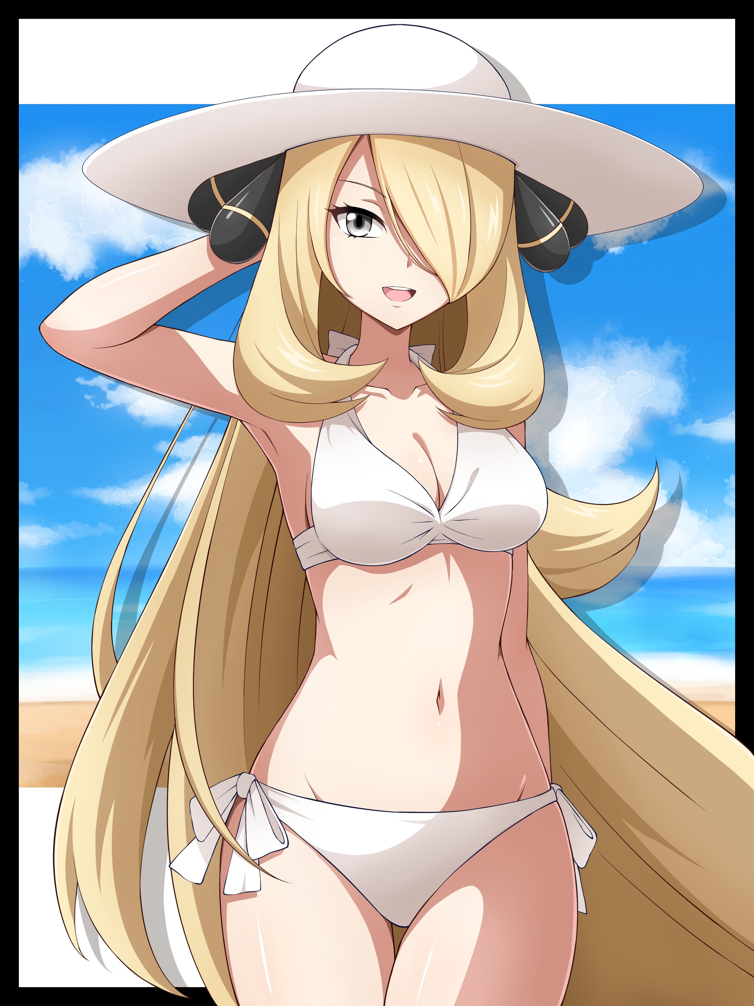 1girls, absurdres, alternate costume, arrow (symbol), bikini, blonde hair, breasts, cleavage, cloud, commentary, cynthia (pokemon), day, eyelashes, female, female only, grey eyes, hair ornament, hair over one eye, hand up, hat, highres, long hair, looking at viewer, navel, nintendo, open mouth, pokemon, pokemon dppt, shabana may, sky, smile, solo, sun hat, swimsuit, teeth, tongue, upper teeth only, white bikini, white hat