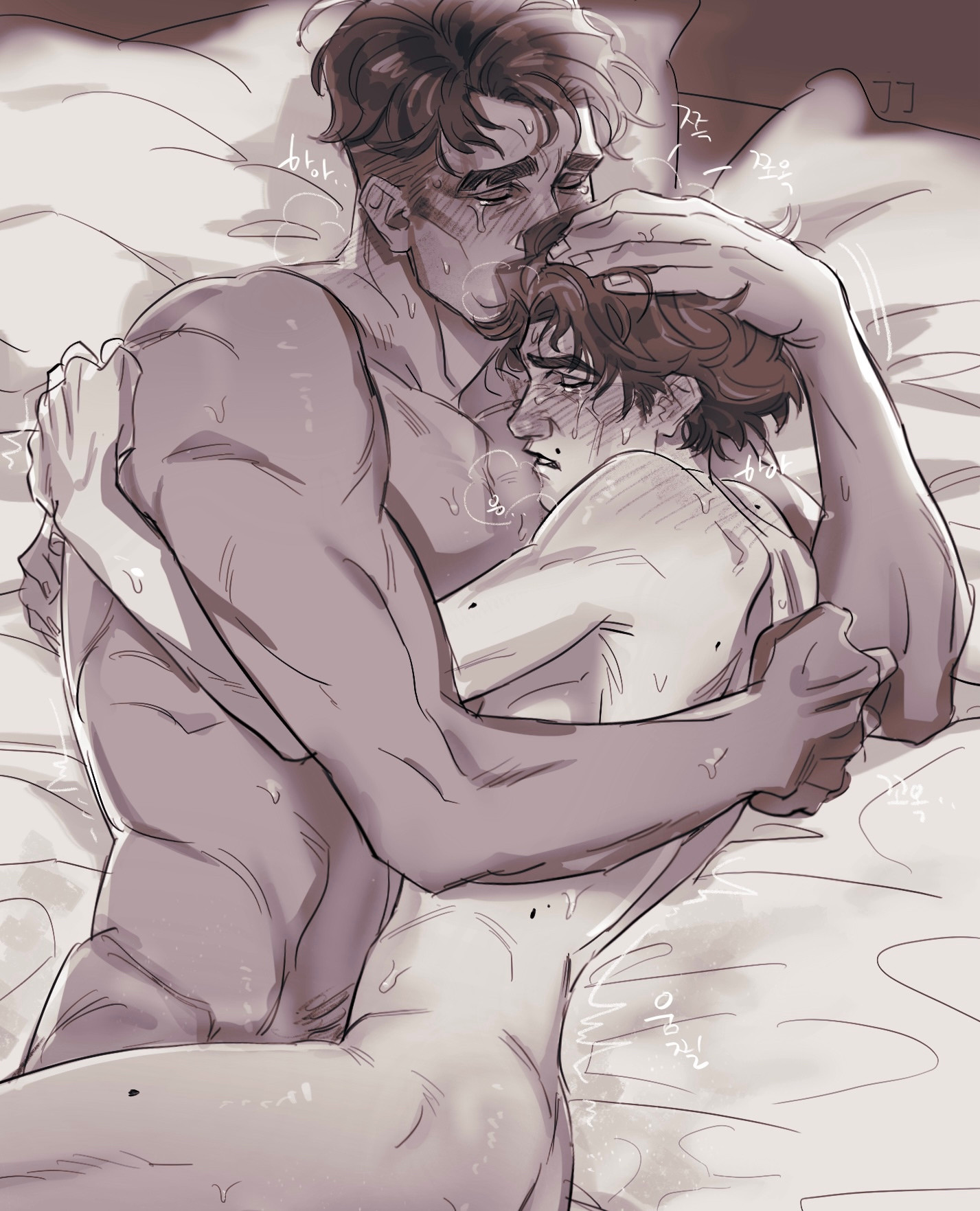 2boys, 2d (artwork), after sex, arcane, arcane jayce, arcane viktor, bed, bedroom, crying, cuddling, dark skin, dark-skinned male, gay, gay male, gay sex, hugging, indoors, jayce talis, jeje (dmmd jj), league of legends, light skin, light-skinned male, male, male/male, muscular, muscular male, naked, naked male, nude, nude male, romantic couple, size difference, skinny male, twink, viktor (league of legends), yaoi