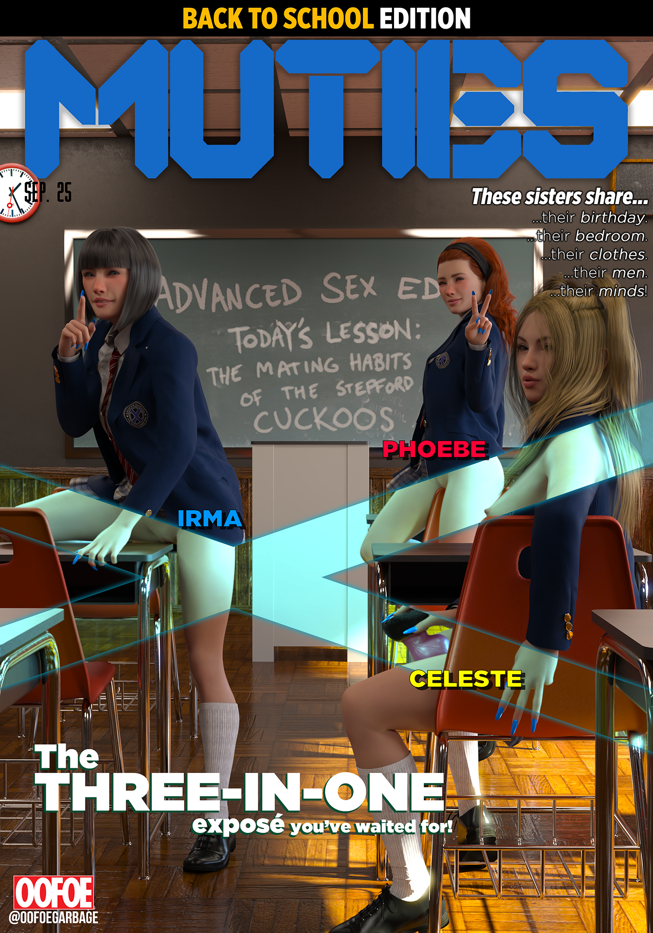 3d, 3d (artwork), 3d render, 3girls, black hair, blonde female, blonde hair, blue fingernails, blue nails, bob cut, breasts, celeste cuckoo, classroom, classroom desk, classroom nudity, clones, daz studio, daz3d, dildo, dog dildo, embarrassed, english, english text, fake magazine cover, female, fictional slur, hidden dildo, hidden masturbation, irma cuckoo, knotted dildo, looking at viewer, magazine cover, marvel, marvel comics, masturbation, mischievous look, mutant (marvel), mutie, nail polish, nervous, nervous smile, oofoe, orange hair, painted nails, phoebe cuckoo, pussy, pussy peek, red hair, redhead female, school, school chair, school desk, school uniform, schoolgirl, self upload, sisters, small breasts, stepford cuckoos, teenage female, teenager, text, triplets, twintails, x-men, x-ray view