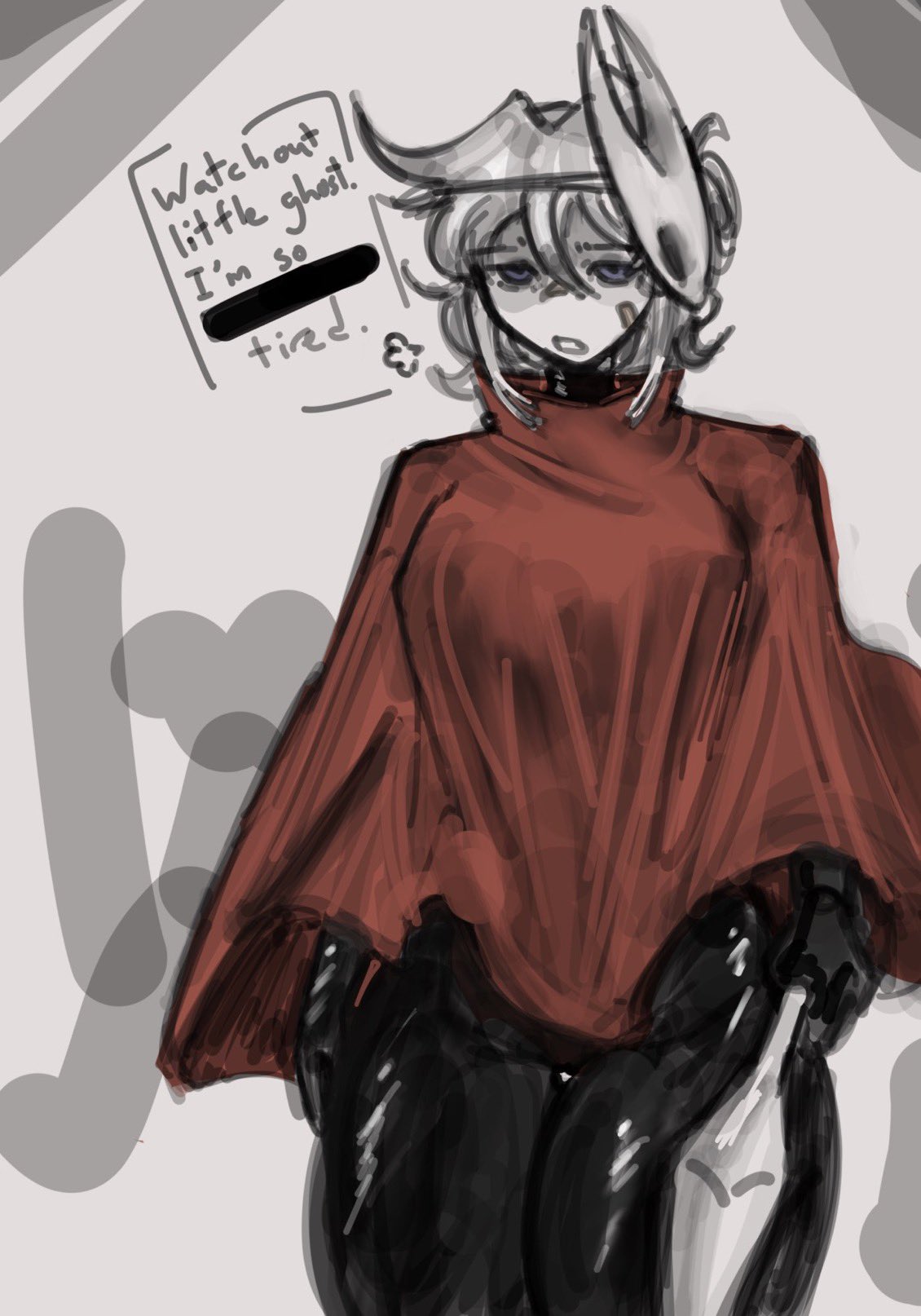 1girls, big ass, big breasts, breasts, cloak, cosplay, dialogue, female, female only, hollow knight, hornet (hollow knight) (cosplay), kayla (yufishart), oc, original character, solo, solo female, text, thick thighs, thighs, yufishart