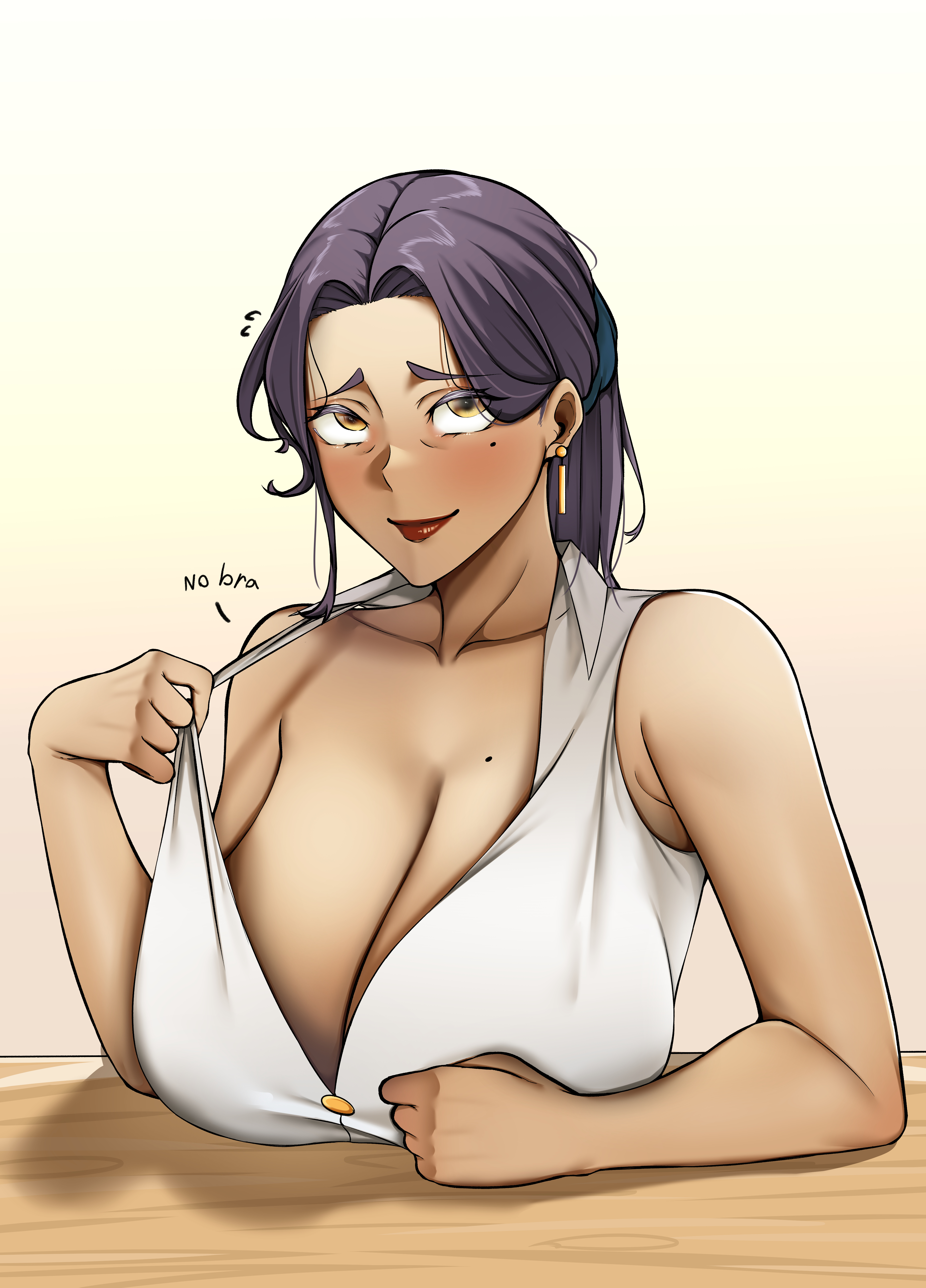 1girls, absurd res, big breasts, breasts, cleavage, clothed, clothing, english text, female, female only, large breasts, mature, mature female, mature woman, milf, mole, mole under eye, no bra, original, purple hair, solo, solo female, suo68, text