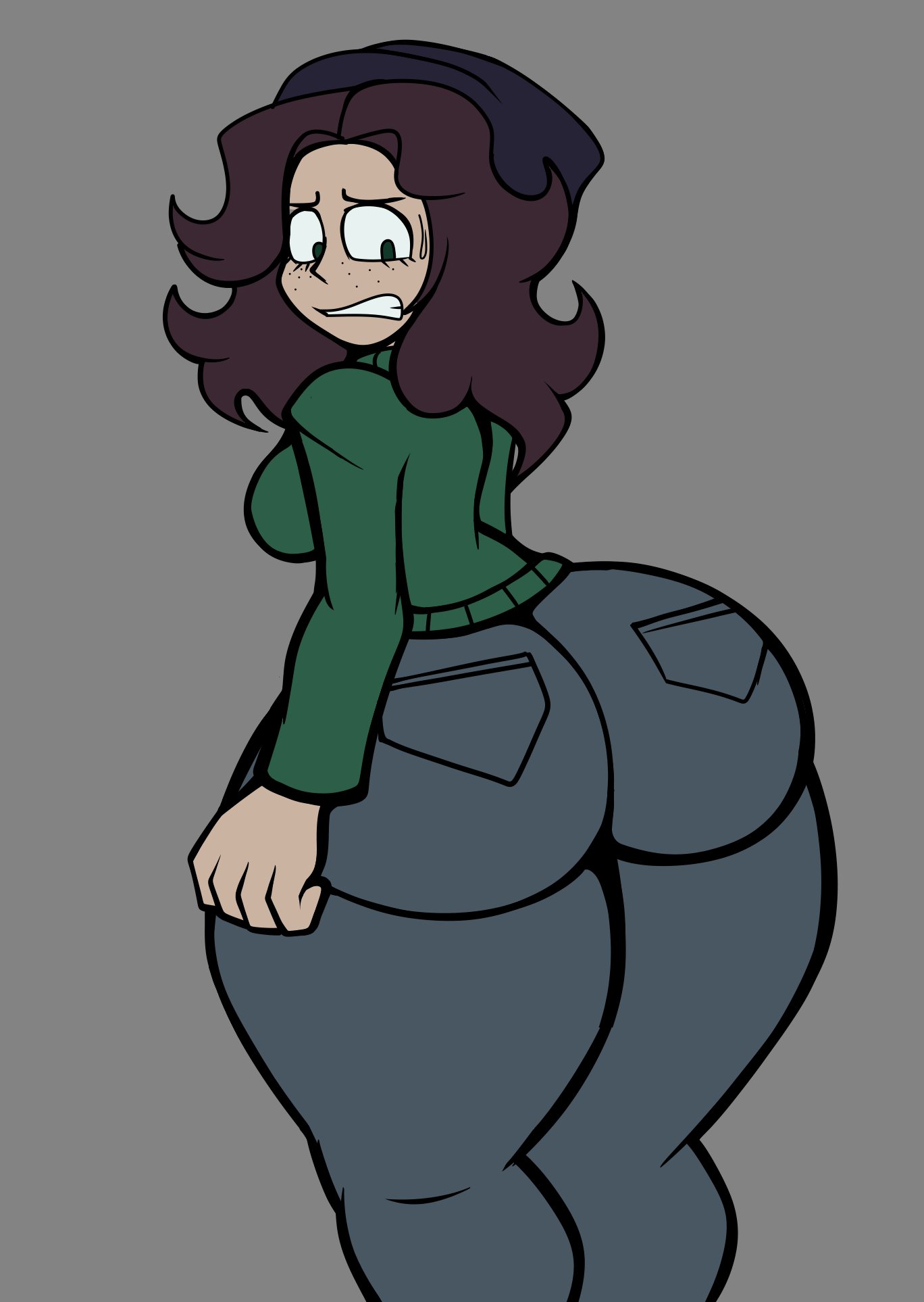1girls, ass, breasts, brown hair, clothed, clothing, female, friday night funkin, friday night funkin mod, green eyes, grey background, huge ass, jeans, long hair, looking at ass, looking back, looking down, mrdrezq, sara taylor, step right up: adventure isle, teeth showing