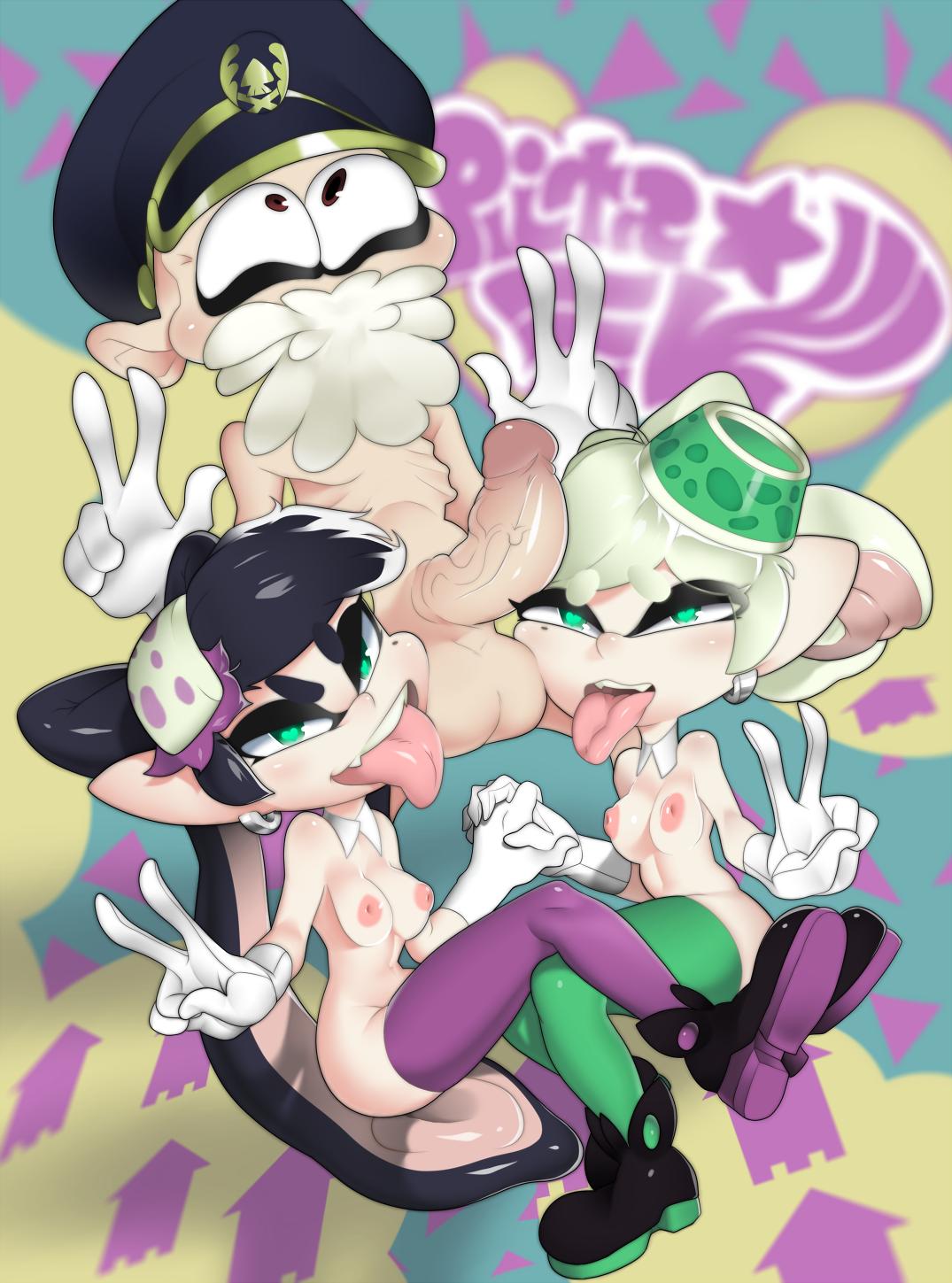 1boy 2girls balls black_hair boggle breasts callie_(splatoon) cephalopod_humanoid color cousins female grandfather green_eyes holding_hands incest lagalamel light_skin marie_(splatoon) nipples penis splatoon squid_sisters tentacle_hair thighhighs tongue_out uncensored white_hair