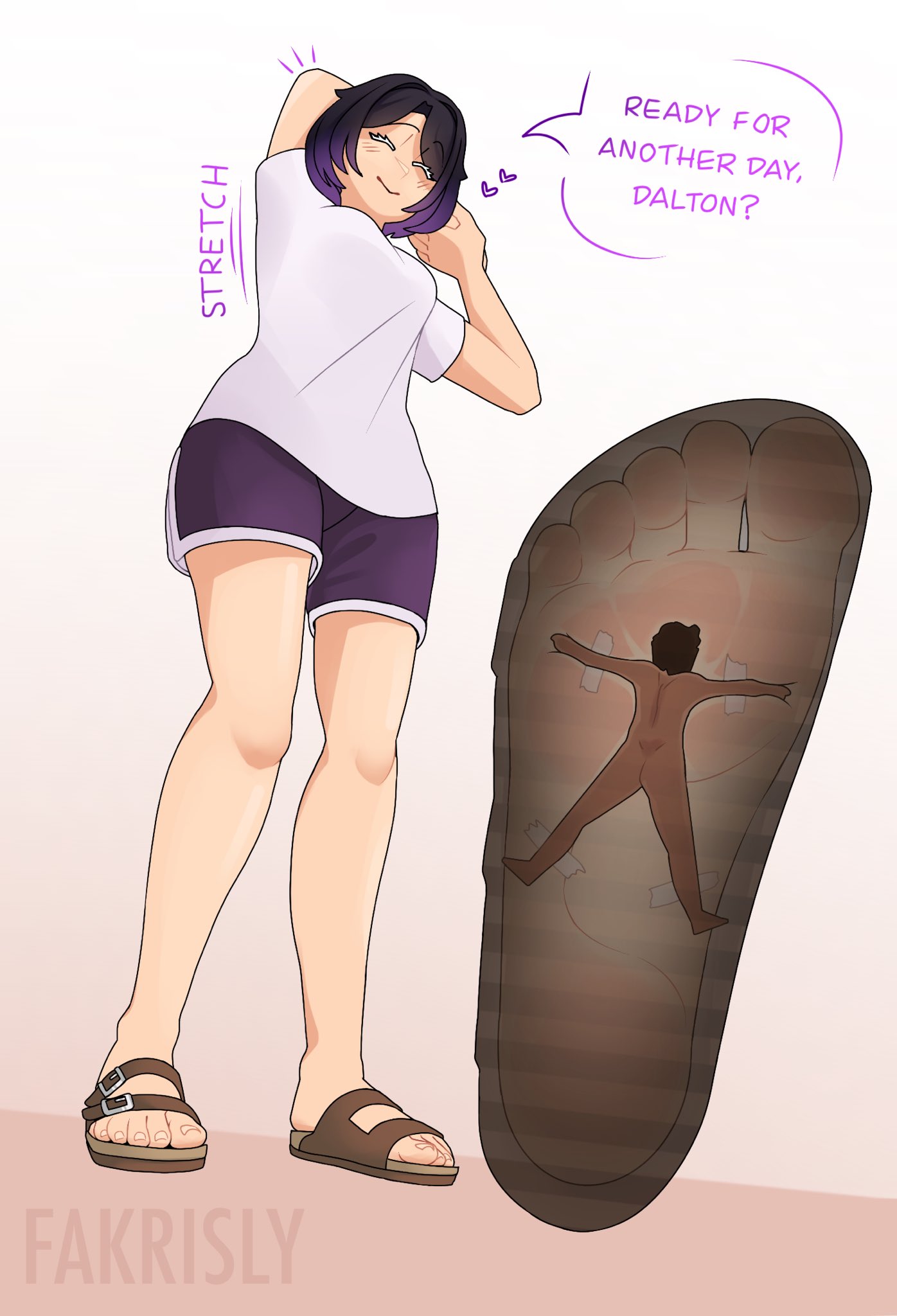 black and purple hair, clothed female, clothed female nude male, digital art, english text, fakrisly, female, femdom, foot fetish, foot focus, footjob, footwear, giantess, happy, krisly (fakrisly), larger female, male, micro, micro on foot, naked male, nude male, partner, sandals, simple background, size difference, smaller male, squish, squishy body, text, tiny