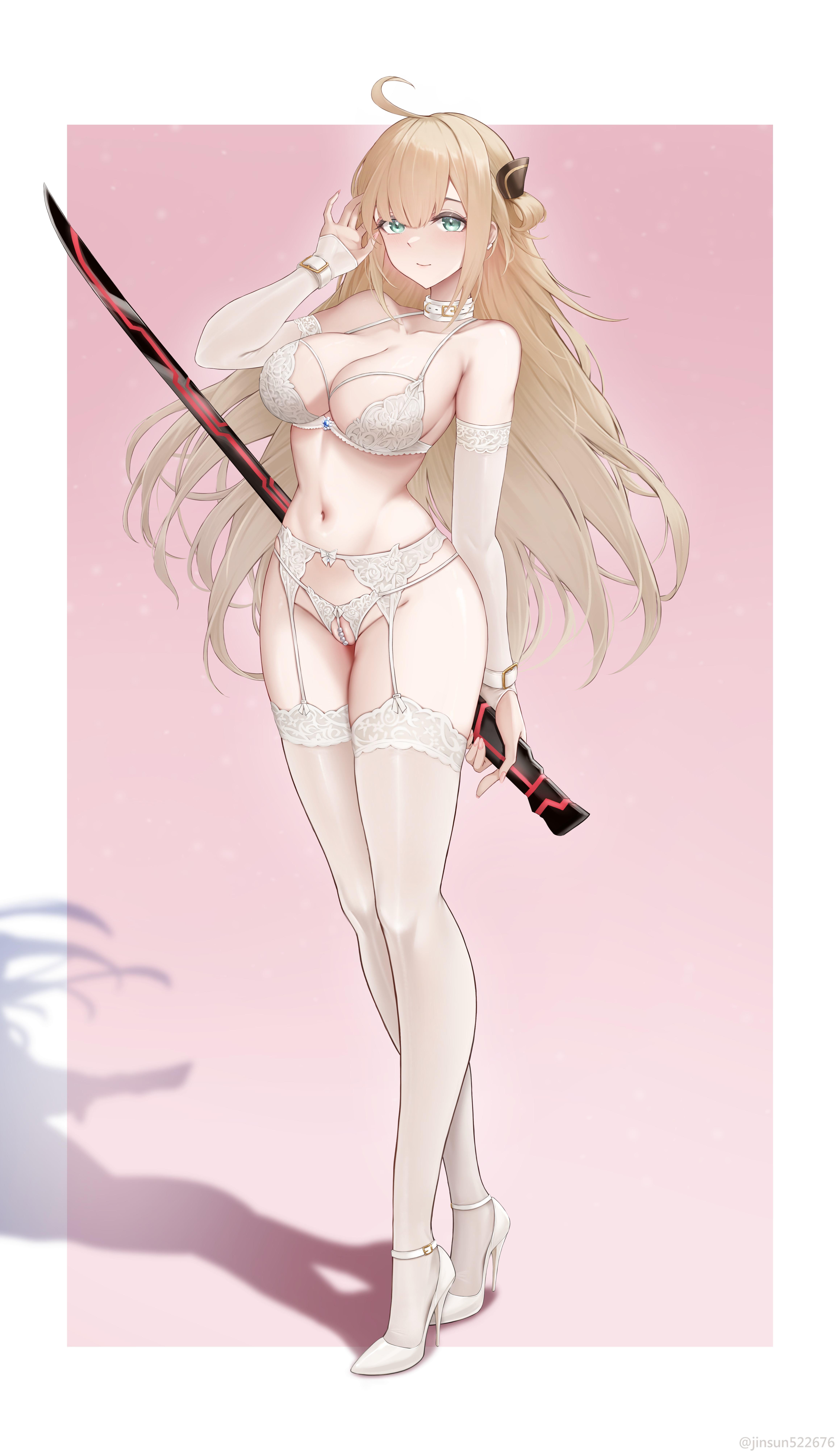 1girls, ahoge, big breasts, blonde hair, breasts, collar, female, female only, gloves, green eyes, high heels, jinsun, lingerie, long hair, looking at viewer, pearl thong, revealing clothes, sky striker ace raye, stockings, sword, thighhighs, yu-gi-oh!