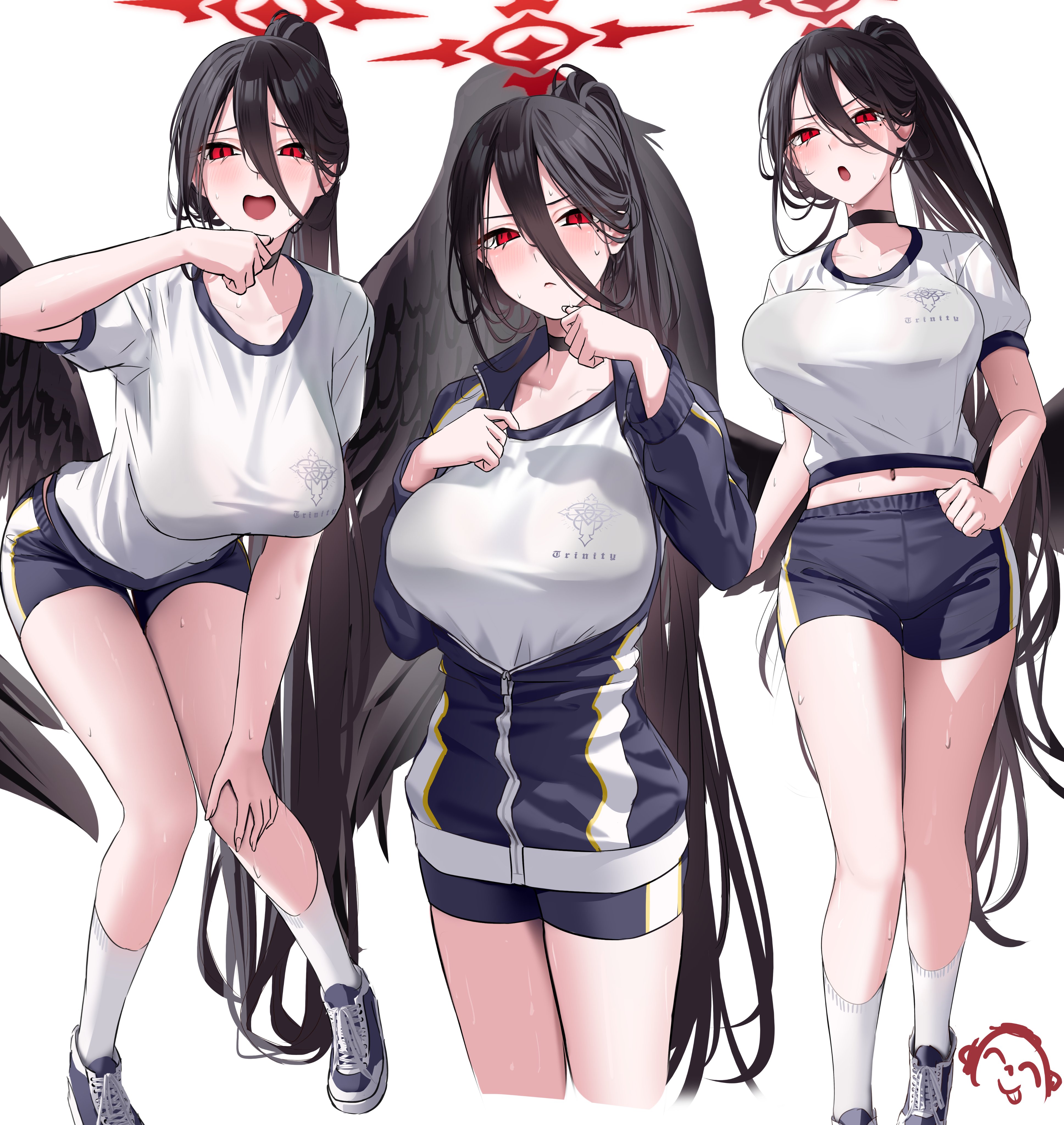 absurdres, black choker, black hair, black wings, blue archive, blue jacket, blush, breasts, choker, commentary request, feathered wings, female, female only, gym shirt, gym shorts, gym uniform, hair between eyes, halo, hasumi (blue archive), hasumi (track) (blue archive), highres, jacket, large breasts, long hair, long hair between eyes, loosely tucked bangs, low wings, midriff, mole, mole under eye, navel, official alternate costume, open mouth, oversized wings, partially unzipped, red eyes, red halo, shirt, shoes, shorts, sneakers, sweat, track jacket, very long hair, wanne, white background, wings