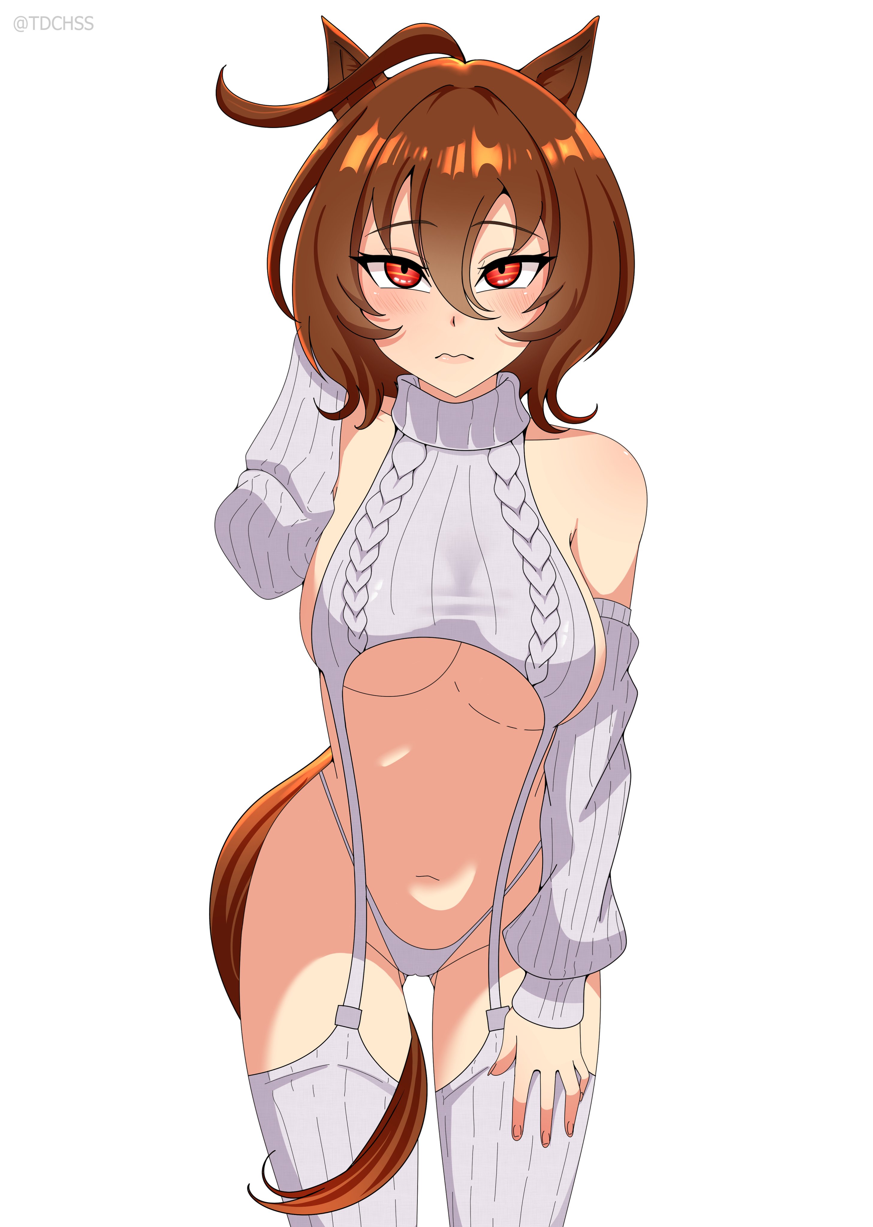 1girls, agnes tachyon (umamusume), ahoge, arm up, blush, brown hair, cygames, female, garter straps, garterstraps, hand on head, horse ears, horse girl, horse tail, red eyes, short hair, solo, solo female, tail, tdchss, thighhighs, umamusume, umamusume pretty derby, virgin killer sweater