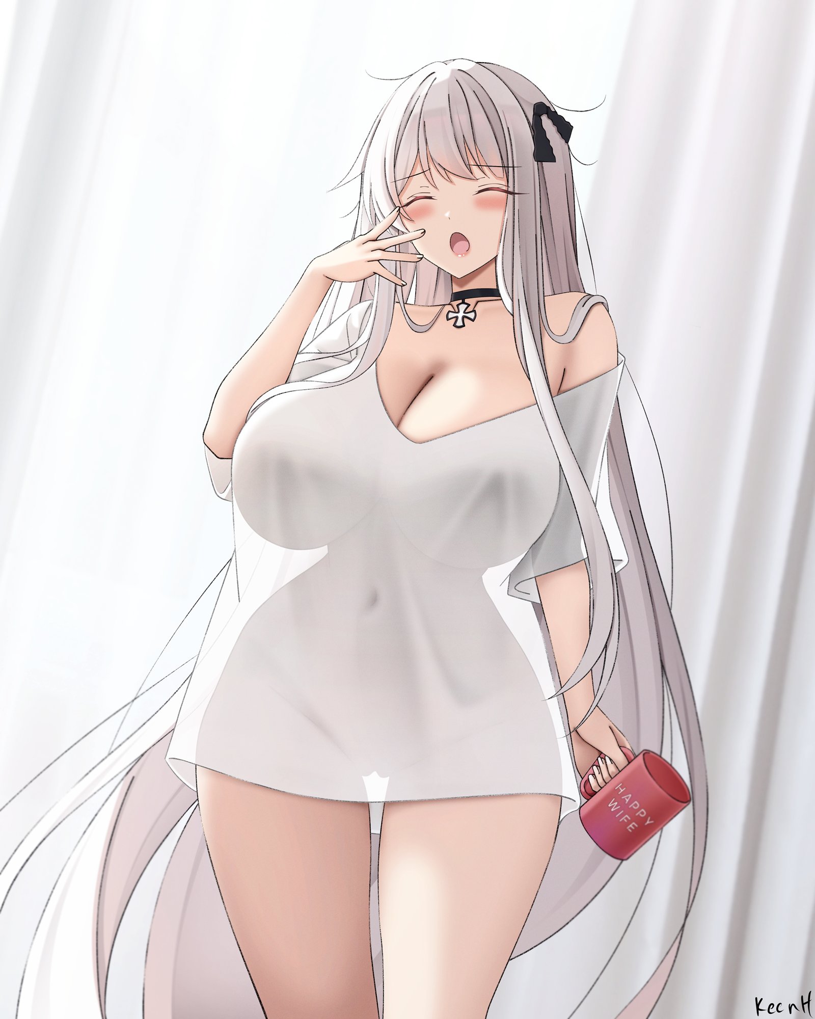 alternate breast size (larger), artist name, blush, breasts, choker, cleavage, closed eyes, coffee mug, cross, cup, female, girls' frontline, hair ribbon, hand to own mouth, highres, holding, holding cup, iron cross, kar98k (girls' frontline), keenh, large breasts, long hair, messy hair, mug, open mouth, red mug, ribbon, see-through clothes, see-through shirt, shirt, sidelocks, signature, solo, thick thighs, thighs, very long hair, white hair, white shirt, yawning