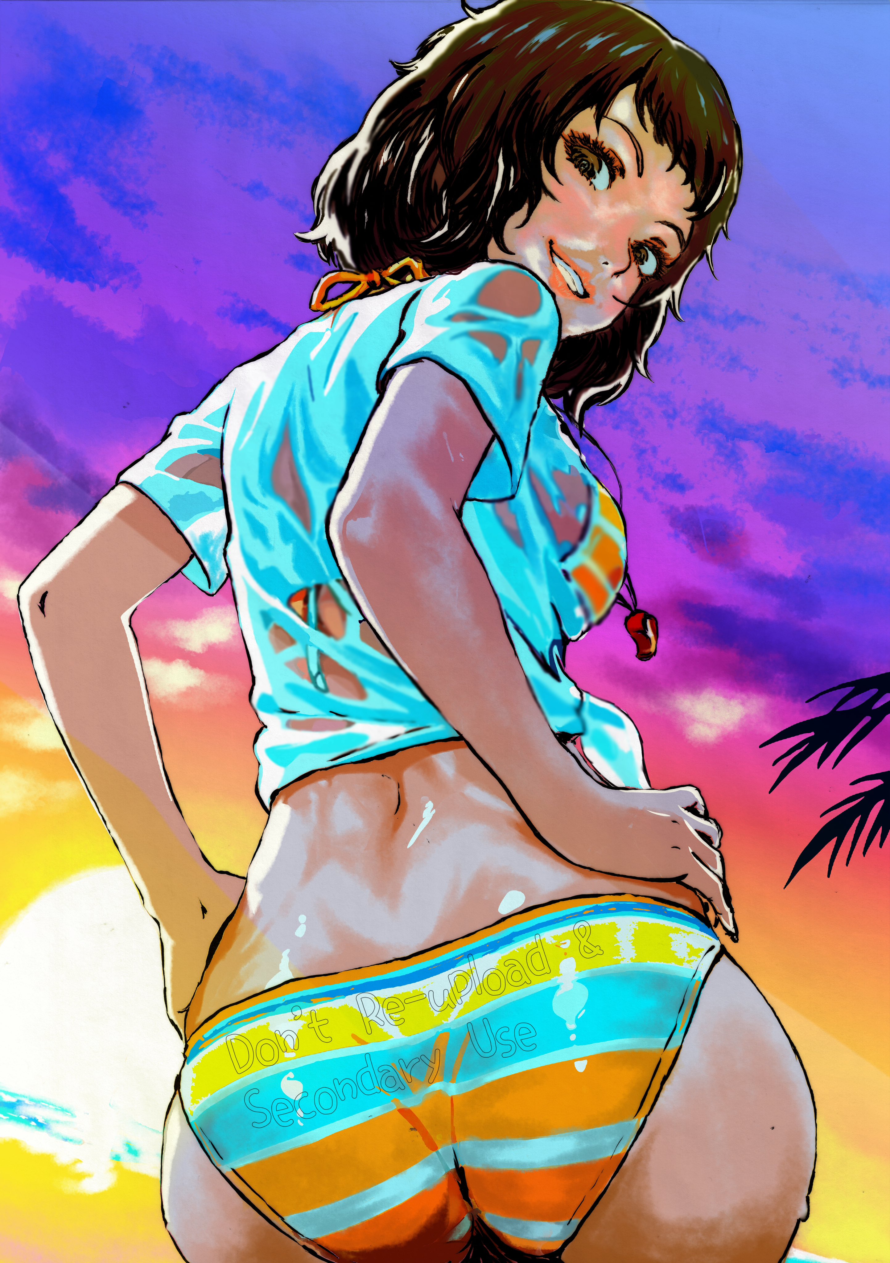 1girls, absurdres, brown eyes, brown hair, female, female only, from behind, hands on own hips, highres, looking at viewer, looking back, oeilvert fft, persona, persona 5, sadayo kawakami, shirt, swimsuit, swimwear, wet, wet clothes, white shirt