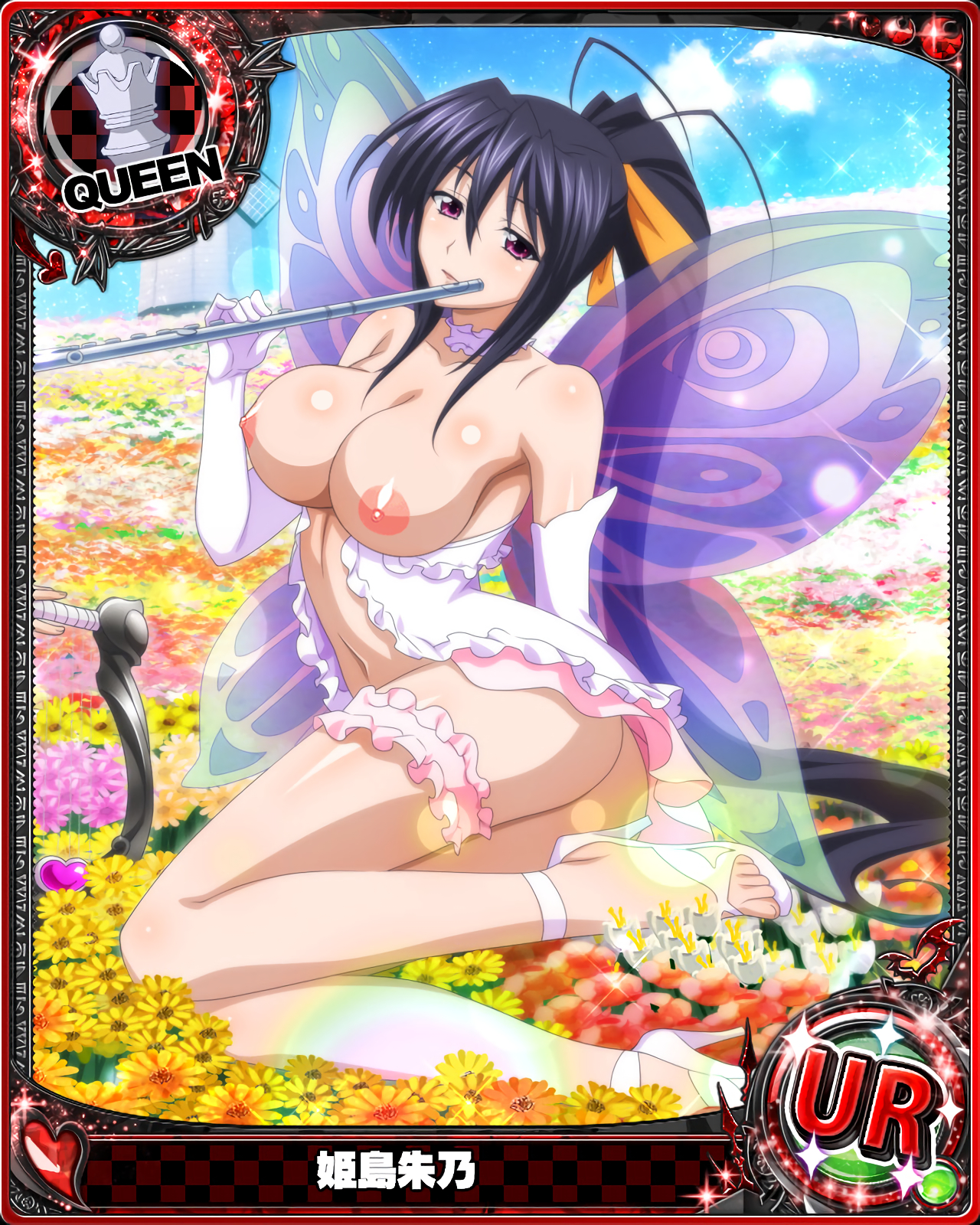 1girls, akeno himejima, black hair, breasts, breasts out, card (medium), cartoony, female, female only, high school dxd, large breasts, photoshop, pointy chin, purple eyes, solo