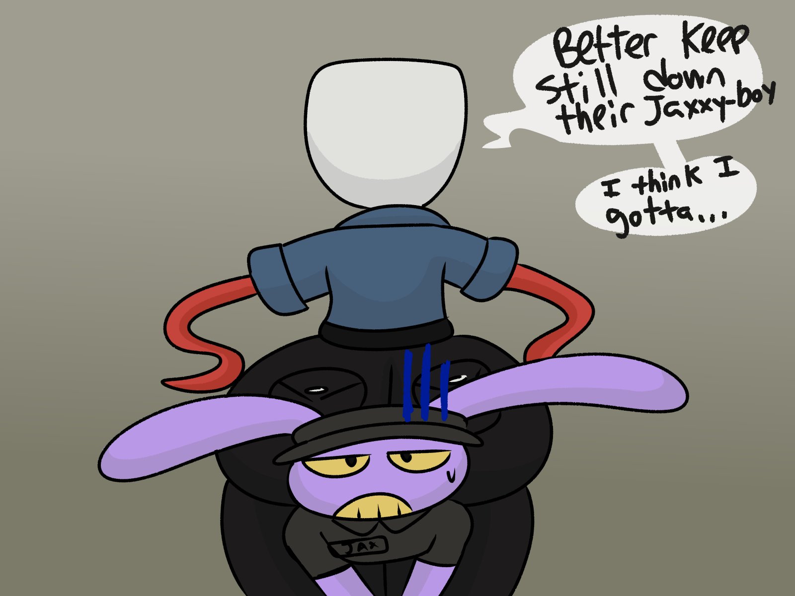 annoyed expression, big ass, black jeans, blue shirt, brappycatty, gangle (the amazing digital circus), glitch productions, jax (the amazing digital circus), manager gangle, sitting on head, sunniefunnie, text, the amazing digital circus, white hair