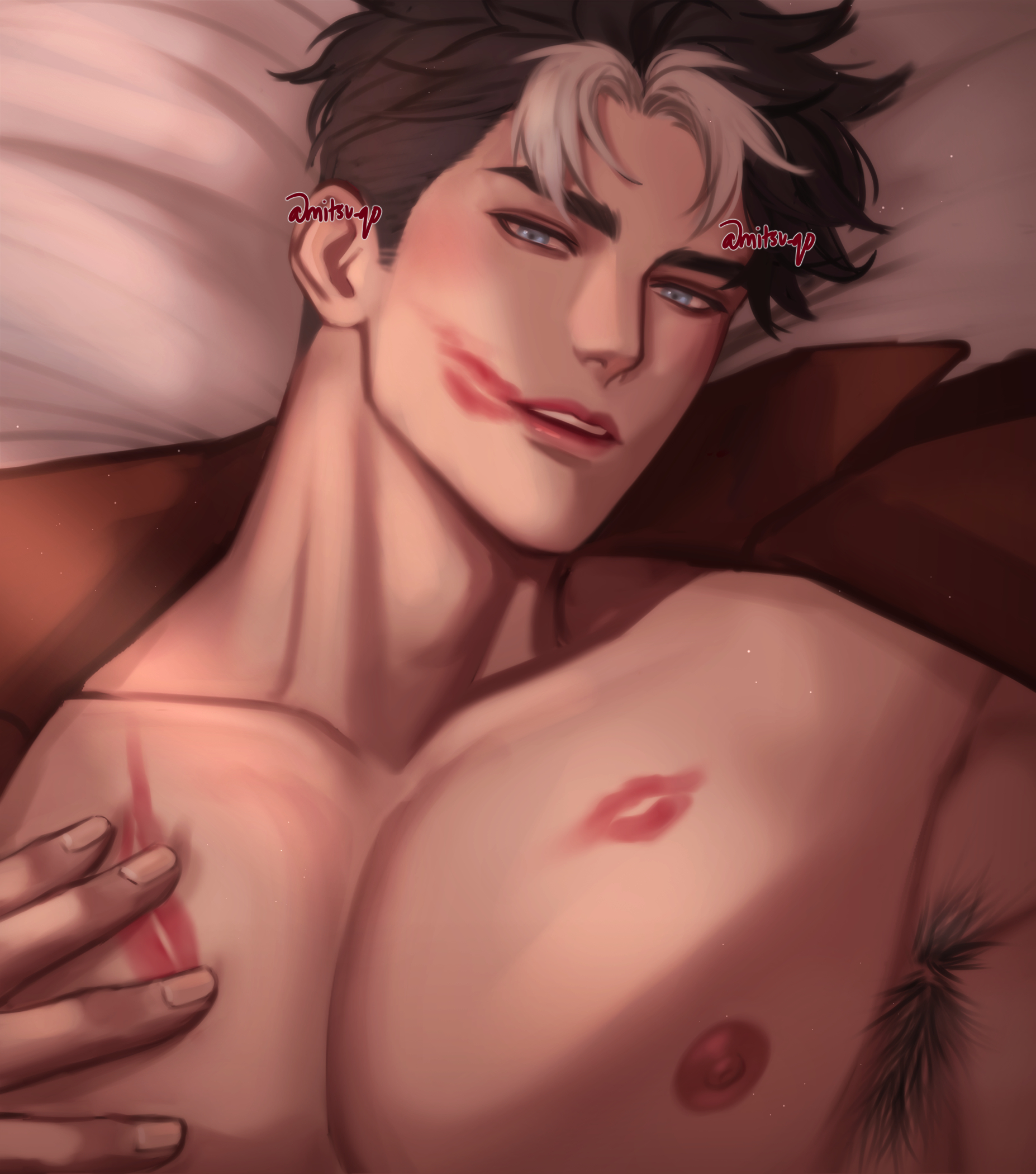 1boy, armpit hair, armpits, black hair, dc, dc comics, face closeup, female gaze, jason todd, kiss mark, kiss mark on chest, kiss mark on face, large pectorals, lipstick mark on chest, lipstick mark on face, looking at viewer, male, male only, mitsu qo, muscular, no shirt, no visible genitalia, pecs, red hood (dc), shirtless, solo, white strand of hair, white streaks