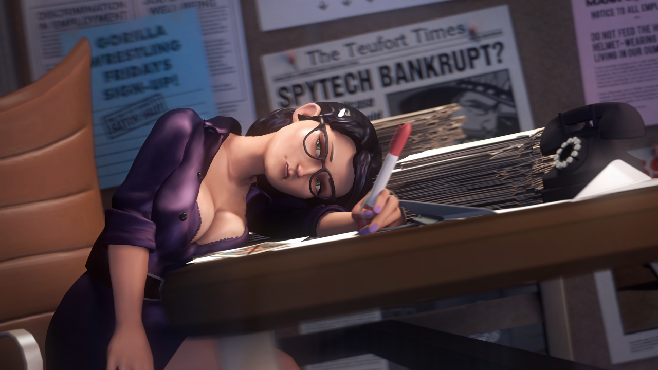 1girls, 3d, artist request, black hair, bra, breasts, breasts on table, cleavage, clothed, female, female only, glasses, looking at viewer, miss pauling, office lady, solo, solo female, team fortress 2, valve