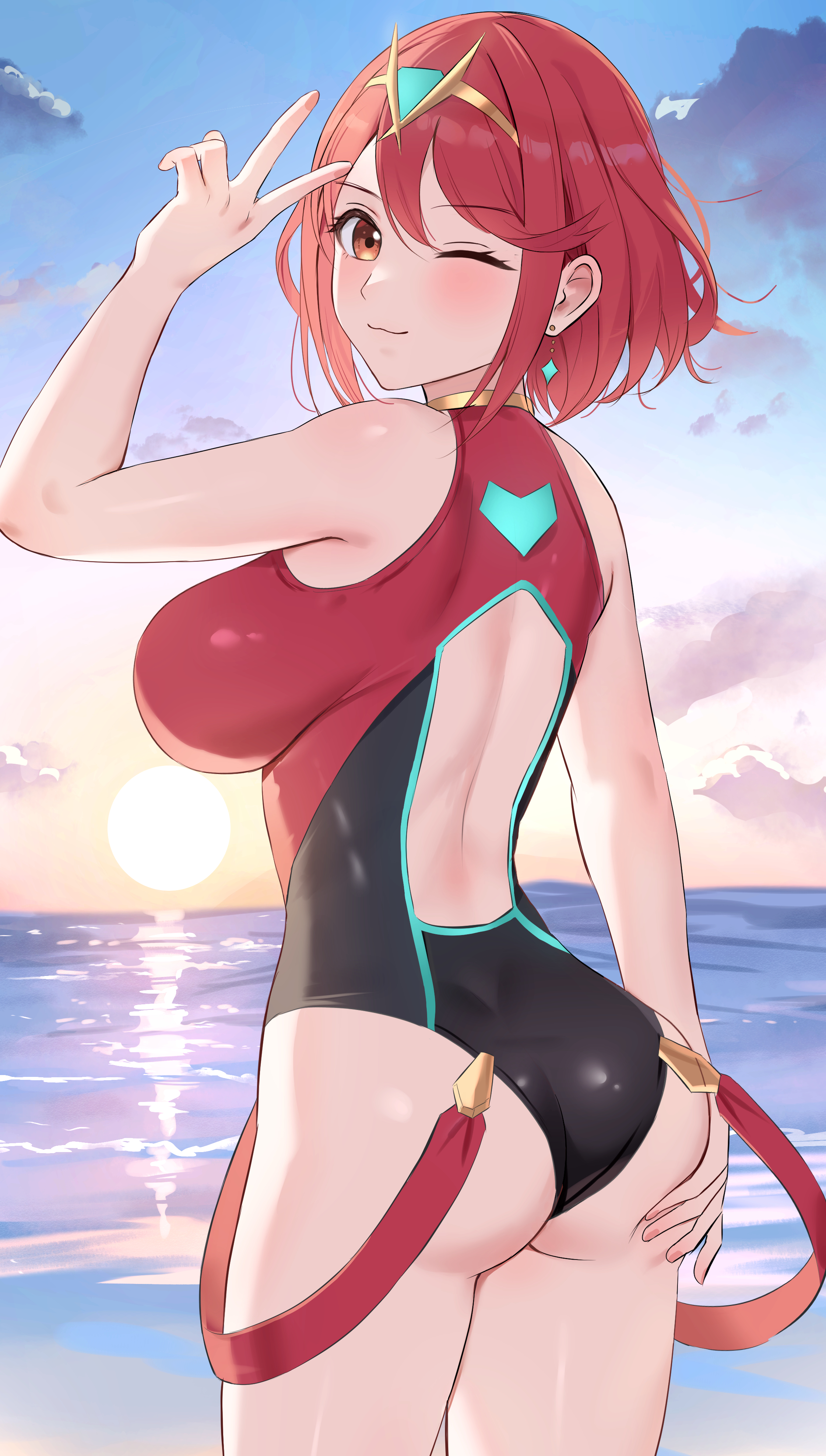 1girls, absurdres, amayo thranana, ass, breasts, cloud, day, female, female only, from behind, highres, large breasts, looking at viewer, looking back, ocean, one eye closed, one-piece swimsuit, outdoors, pyra, pyra (pro swimmer) (xenoblade), red eyes, red hair, red one-piece swimsuit, short hair, sky, solo, sunset, suspenders, swimsuit, tiara, v, water, xenoblade (series), xenoblade chronicles 2