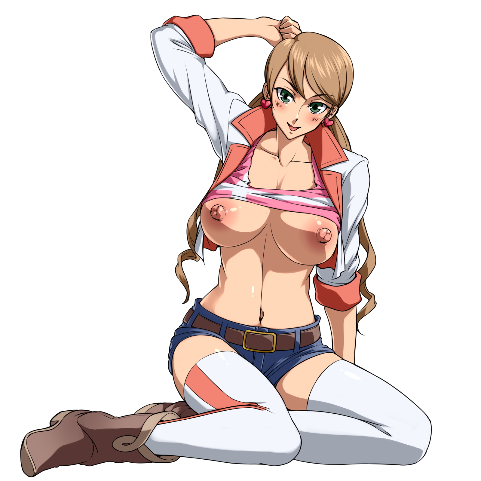 areolae, arm up, belt, blonde hair, blush, boots, breasts, collarbone, earrings, feet, female, full body, green eyes, gundam, gundam tekketsu no orphans, highres, jacket, lafter frankland, large breasts, legs, long hair, long sleeves, looking at viewer, navel, nipples, no bra, parted lips, rindou akira, shirt lift, short shorts, shorts, simple background, sitting, smile, solo, thighhighs, thighs, tied hair, twintails, white background, zettai ryouiki