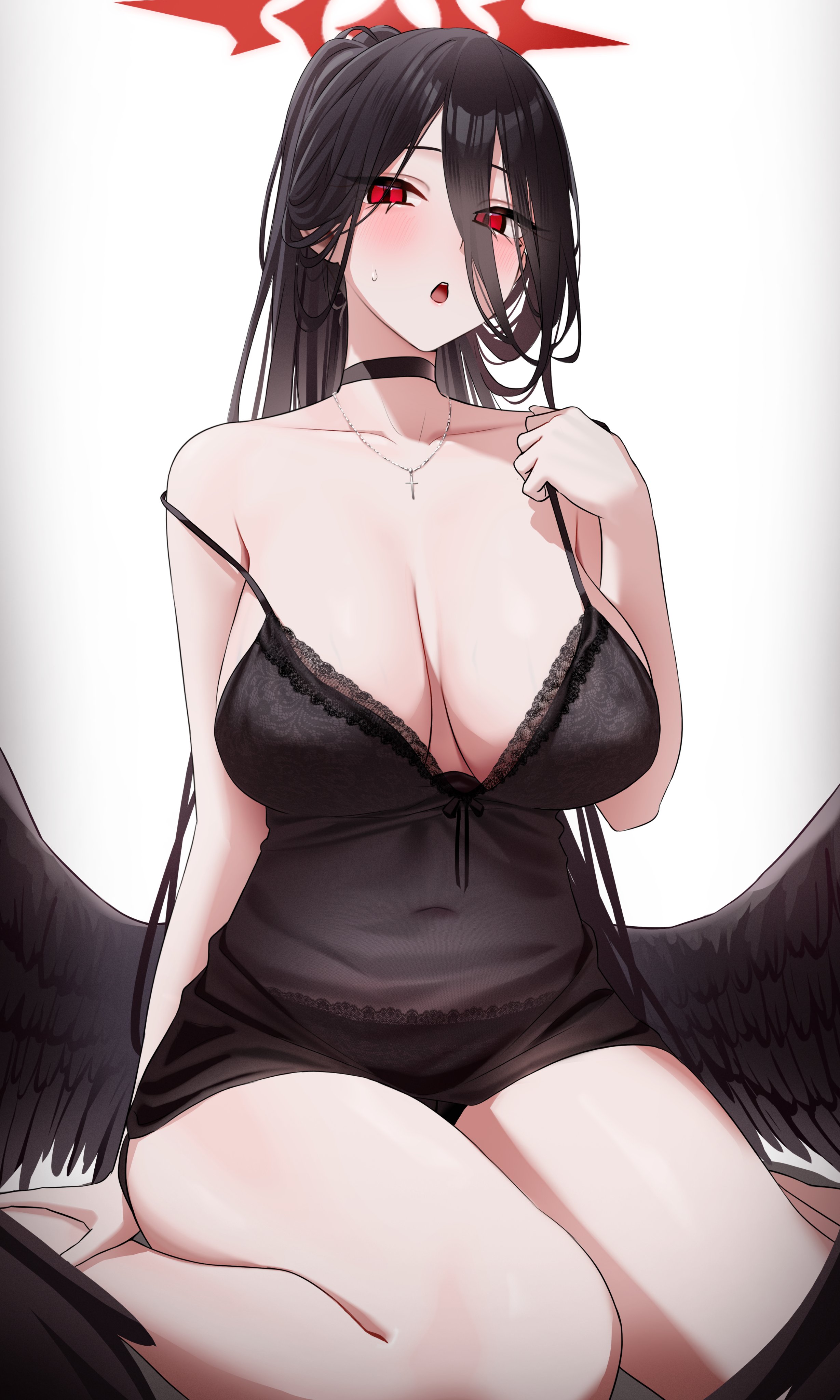 absurdres, alternate costume, black chemise, black choker, black hair, black panties, black wings, blue archive, blush, breasts, choker, commentary, cross, cross necklace, feathered wings, female, female only, hair between eyes, halo, hand up, hasumi (blue archive), highres, huge breasts, jewelry, lace, lace trim, lace-trimmed panties, lingerie, long hair, long hair between eyes, looking at viewer, low wings, mole, mole under eye, navel, necklace, open mouth, panties, ponytail, red eyes, red halo, see-through clothes, simple background, sitting, solo, strap slip, symbol-only commentary, teeth, underwear, upper teeth only, very long hair, wanne, white background, wings