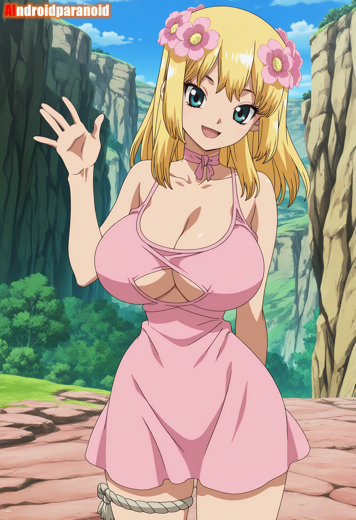 1girls, ai generated, aindroidparanoid, alternate costume, ass, big ass, big breasts, big butt, blonde hair, breasts, busty, curvy, cute, dr.stone, dress, fat ass, female, female only, flower, flower in hair, hair, hi res, hips, huge ass, huge breasts, human, kohaku (dr.stone), large ass, large breasts, legs, narrow waist, official alternate costume, pink clothing, pink dress, slim waist, tagme, thick ass, thick thighs, voluptuous, waist, wide hips