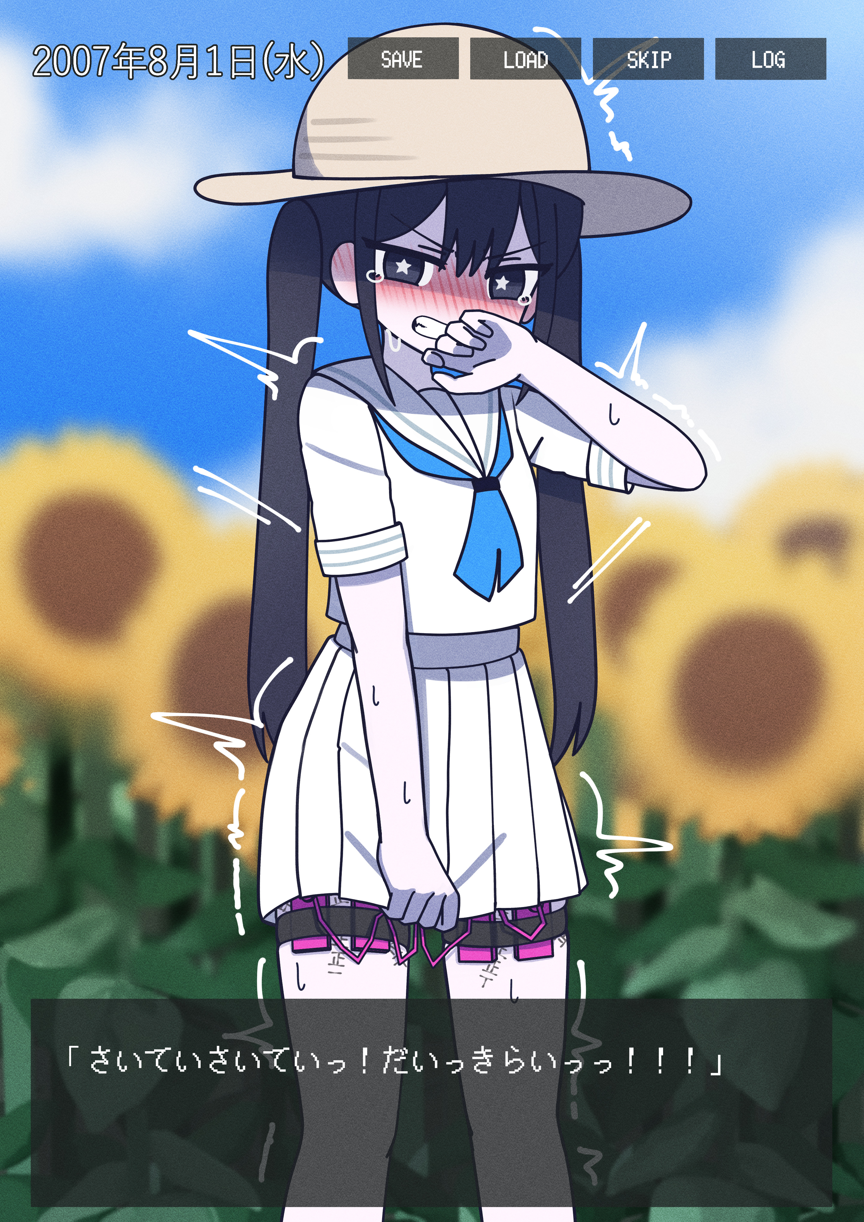 1girl, 1girls, bangs, black eyes, black hair, blue neckerchief, blue sky, blurry, blurry background, blush, clenched teeth, cloud, controller, covering mouth, day, dialogue, dress, embarrassed, english text, fake screenshot, female, female focus, female only, field, flower, flower field, fully clothed, game ui, hand to own mouth, hand up, hat, hatsune miku, japanese text, korean text, light skin, long hair, looking at viewer, miniskirt, mv character, neckerchief, nose blush, outdoors, pixiv link, pleated skirt, pussy, remote control, remote control vibrator, retry now (vocaloid), sailor collar, school uniform, serafuku, sex toy, shirt, short sleeves, sidelocks, skirt, sky, solo, standing, star-shaped pupils, straight-on, sun hat, sunflower, sunhat, sweat, tears, teeth, text, trembling, twintails, vibrator, vibrator cord, vibrator in pussy, vibrator under clothes, vocaloid, white sailor collar, white shirt, white skirt, wombatvxww2553, yellow flower