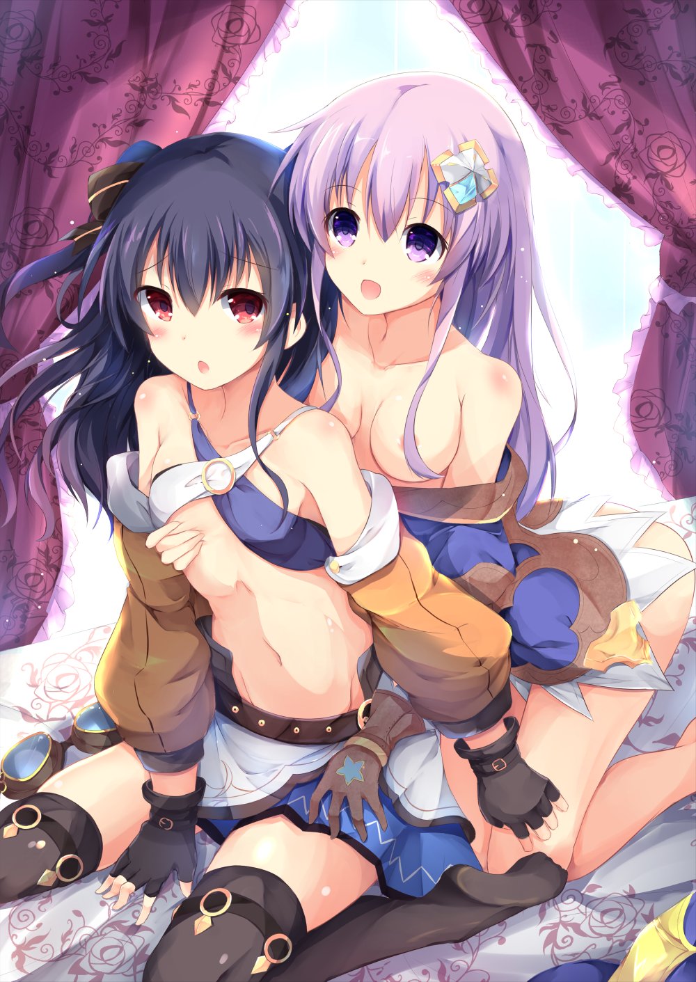 2girls :d :o arched_back areolae bare_legs bare_shoulders barefoot bed bed_sheet belt between_legs black_gloves black_hair black_legwear blush bocas_top body_blush breast_grab breasts canopy_bed collarbone criss-cross_halter curtains eyebrows_visible_through_hair female fingerless_gloves gloves goggles grabbing grabbing_from_behind hair_ornament halter_top halterneck hand_between_legs highres kneeling leaning_forward long_hair long_sleeves medium_breasts multiple_girls navel nepgear neptunia_(series) no_bra off_shoulder open_mouth purple_eyes purple_hair raised_eyebrows red_eyes sitting small_breasts smile stomach tareme thighhighs tied_hair twintails uni_(neptunia) wariza yuri zettai_ryouiki