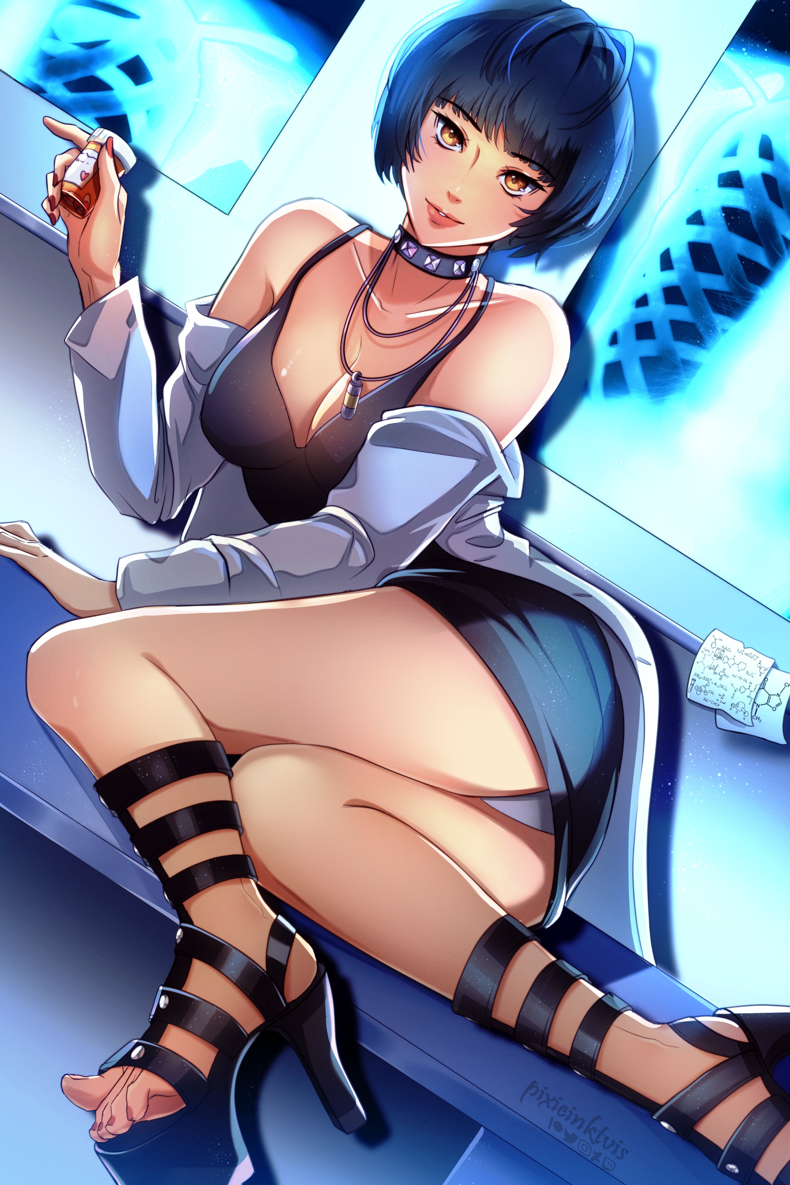 1girls, absurdres, atlus, beneceadraws, black dress, black footwear, black hair, breasts, choker, cleavage, collarbone, dress, female, female only, high heels, highres, holding, jacket, jewelry, lab coat, large breasts, long sleeves, looking at viewer, lying, medicine bottle, nails, necklace, note, off shoulder, on floor, panties, panty peek, paper, persona, persona 5, pill, pixie (pixieinktvis), pixieinktvis, shoes, short hair, sleeveless, sleeveless dress, smile, sticky note, tae takemi, takemi tae, toes, underwear, vial, white jacket, white panties, yellow eyes
