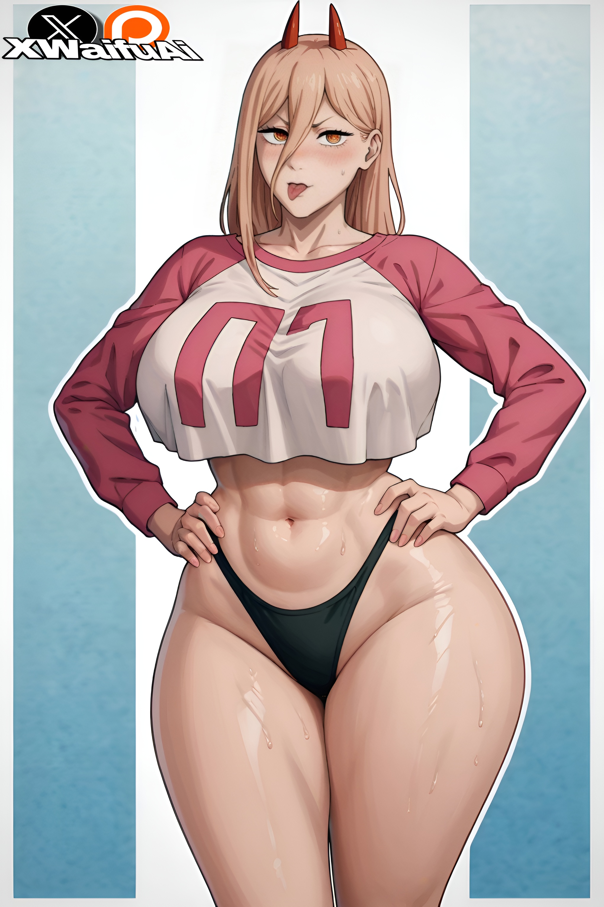 abs, ai generated, blonde hair, blush, breasts, chainsaw man, demon, demon girl, demon horns, enormous breasts, female, hair between eyes, hands on hips, high, highres, huge breasts, no panties, perfect, perfect body, power (chainsaw man), see-through, standing, thick ass, thick thighs, tongue out, wet body, wet clothing, wet skin, xwaifuai, yellow eyes