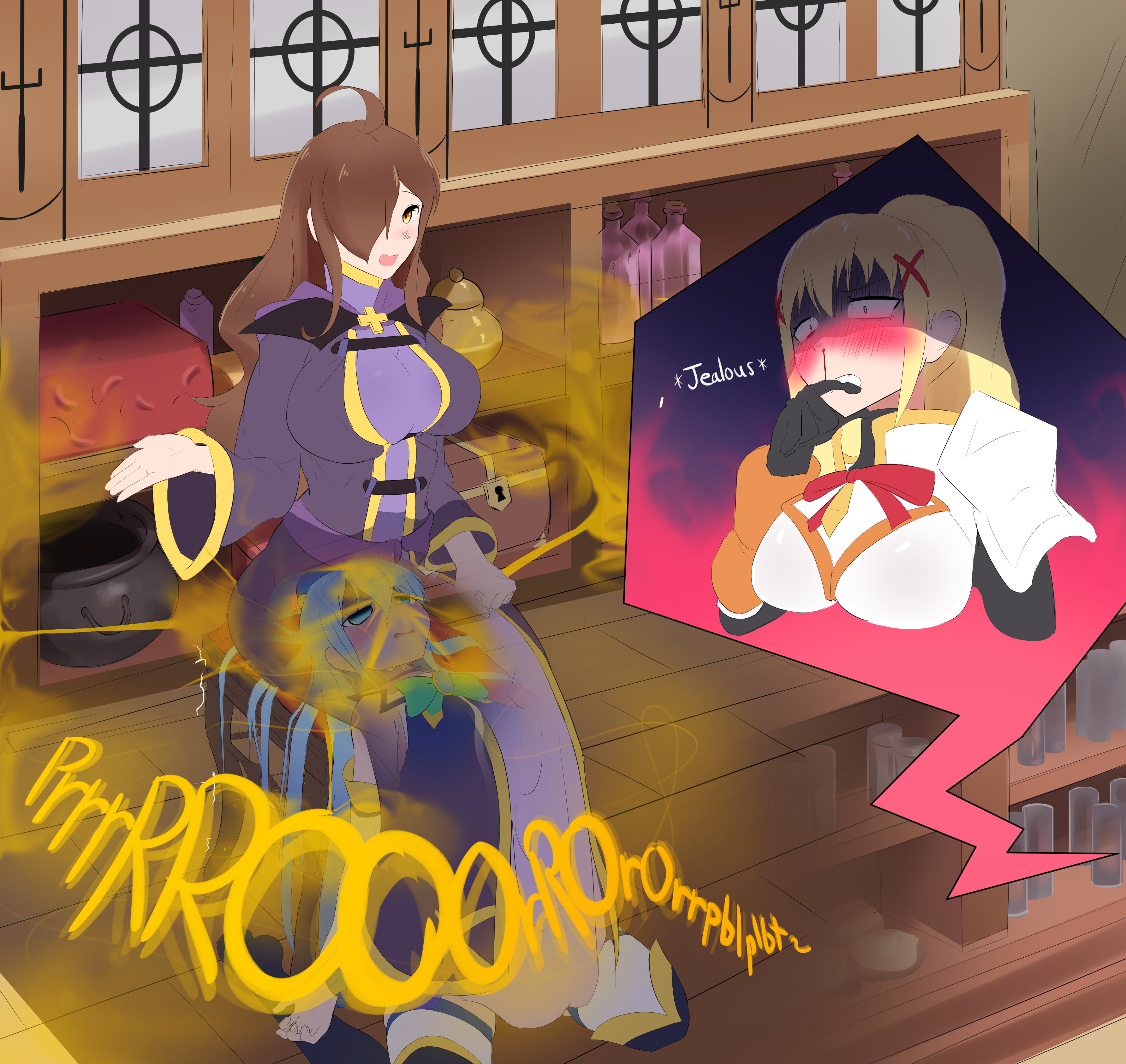 3girls, aqua (konosuba), ass, big ass, big breasts, blue hair, breasts, breppy (artist), brown hair, clothed, commision, face in ass, facefart, facefarting, facesitting, facesitting fart, facesitting female, facesitting through clothes, fart, fart focus, fart torture, farting in face, female, female only, human chair, jealous, jealous female, sitting on face, text, witch, wiz (konosuba)