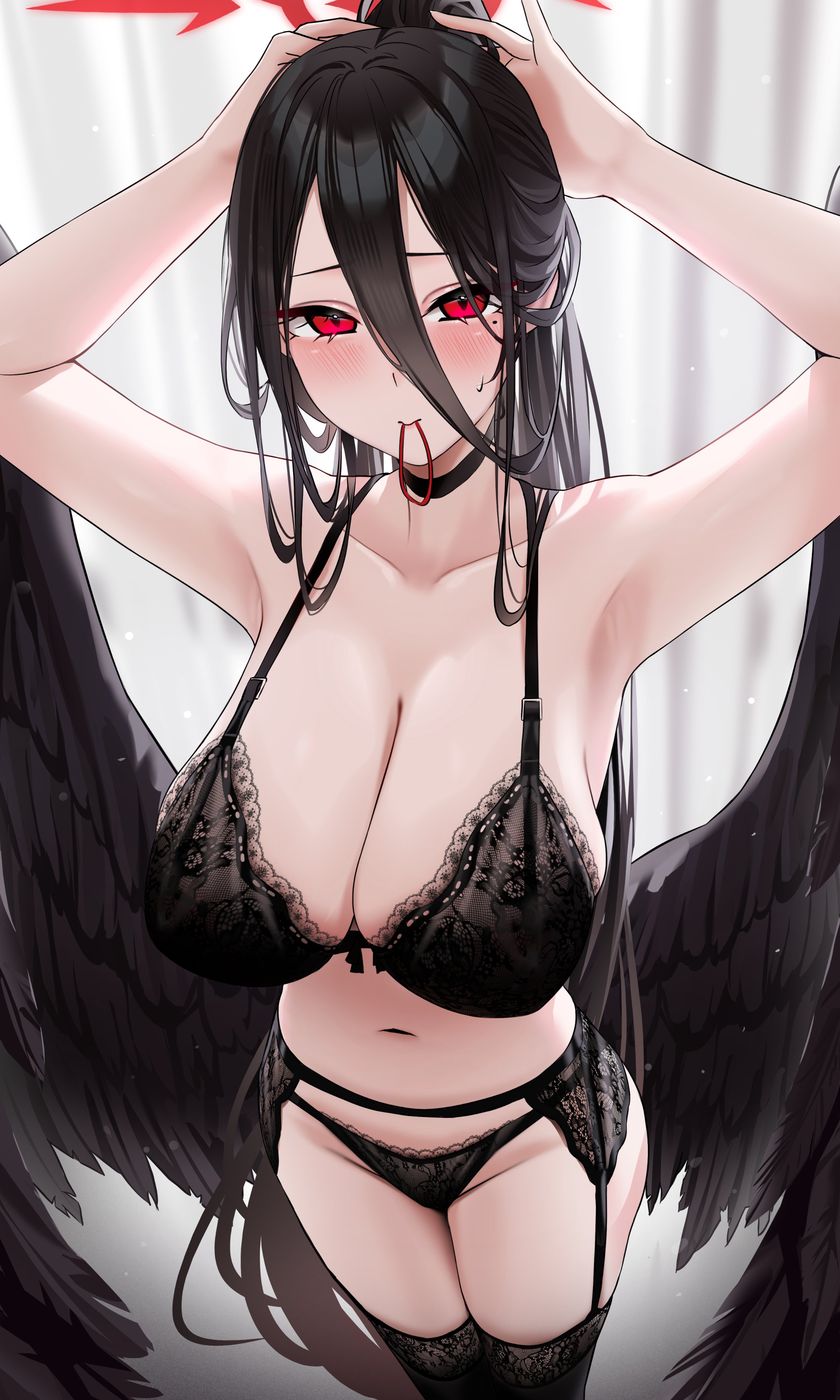 absurdres, armpits, arms behind head, arms up, black bra, black choker, black garter belt, black hair, black panties, black wings, blue archive, bra, breasts, choker, cleavage, commentary, curtains, feathered wings, female, female only, garter belt, groin, hair between eyes, hair tie in mouth, halo, hasumi (blue archive), highres, huge breasts, indoors, lace, lace trim, lace-trimmed bra, lace-trimmed garter belt, lace-trimmed panties, lace-trimmed thighhighs, lingerie, long hair, long hair between eyes, looking at viewer, low wings, mole, mole under eye, mouth hold, navel, oversized wings, panties, ponytail, red eyes, red halo, solo, stomach, symbol-only commentary, thighhighs, tying hair, underwear, underwear only, very long hair, wanne, wings
