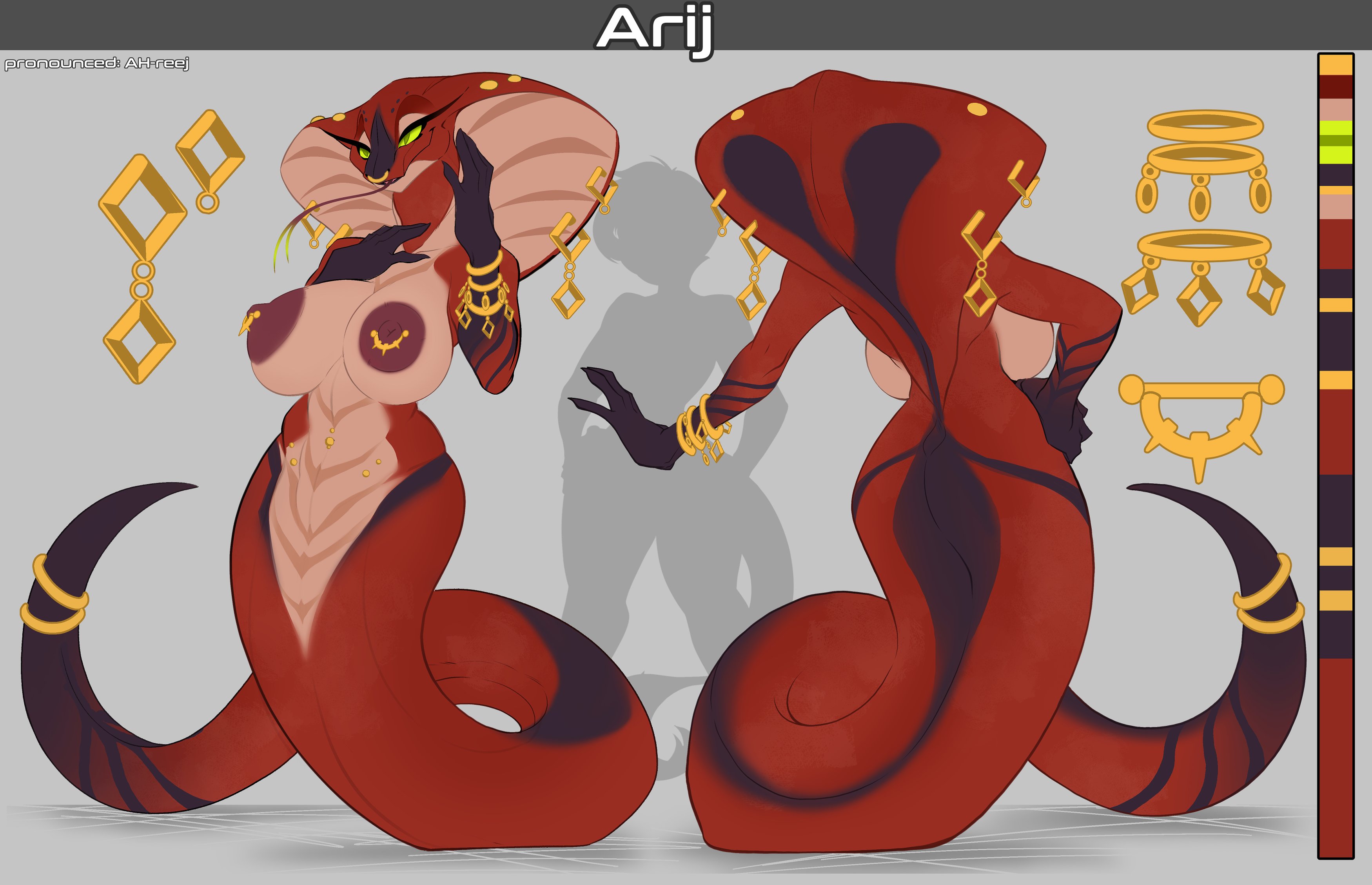 1girls, anthro, areolae, ariij (scappo), ass, big breasts, breasts, character sheet, color palette, female, female only, forked tongue, green eyes, jewelry, lamia, long tongue, mammal, monster girl, naga, nipple rings, nipples, nose ring, original, original character, red skin, scappo, serpentine, simple background, slit pupils, snake, solo, tongue out, very high resolution