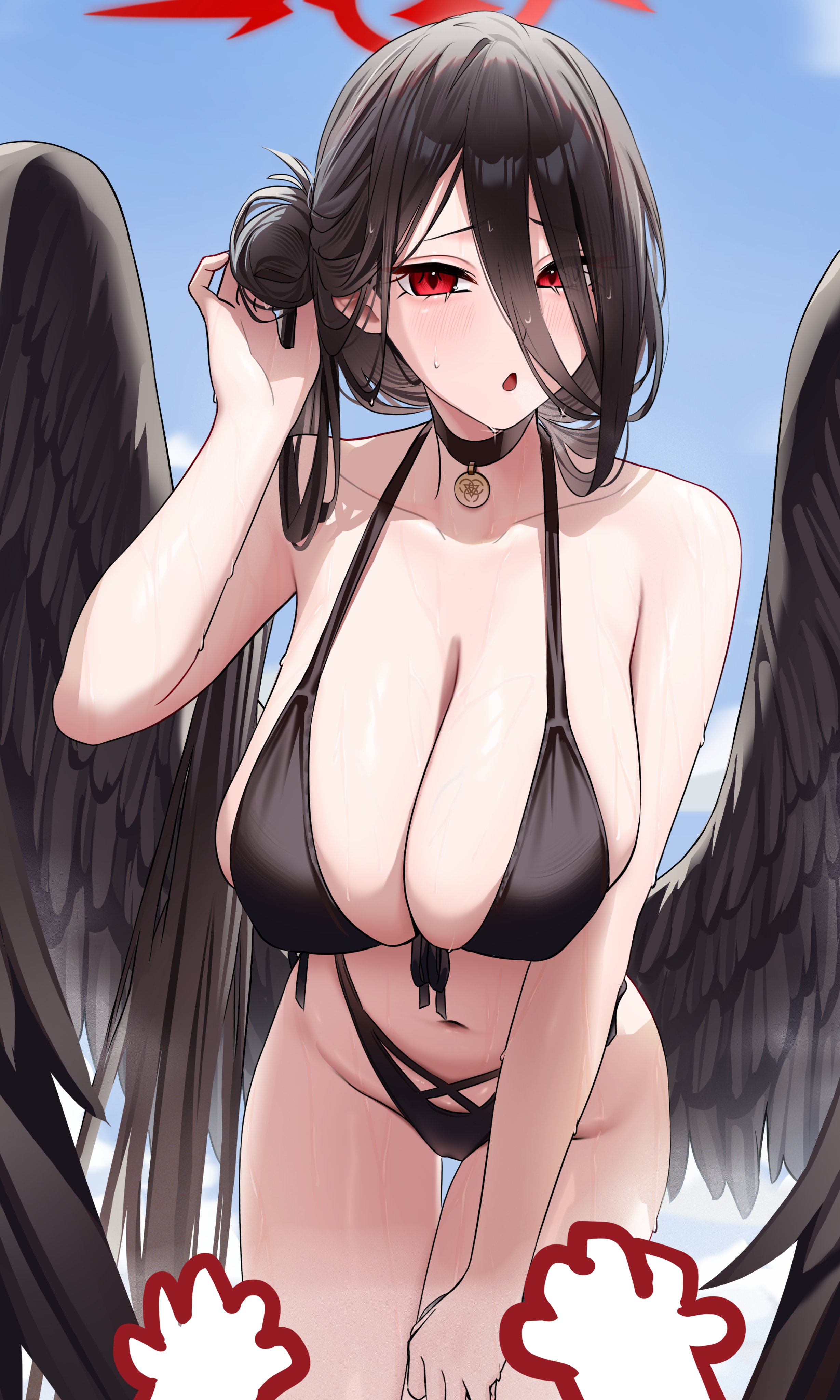 absurdres, bikini, black bikini, black choker, black hair, black wings, blue archive, breasts, choker, cleavage, doodle sensei (blue archive), feathered wings, female, female only, hair between eyes, hair bun, halo, hand in own hair, hasumi (blue archive), hasumi (swimsuit) (blue archive), highleg, highleg bikini, highres, large breasts, long hair, long hair between eyes, loosely tucked bangs, low wings, official alternate costume, official alternate hairstyle, open mouth, oversized wings, pov, pov hands, red eyes, red halo, sensei (blue archive), swimsuit, wanne, wings