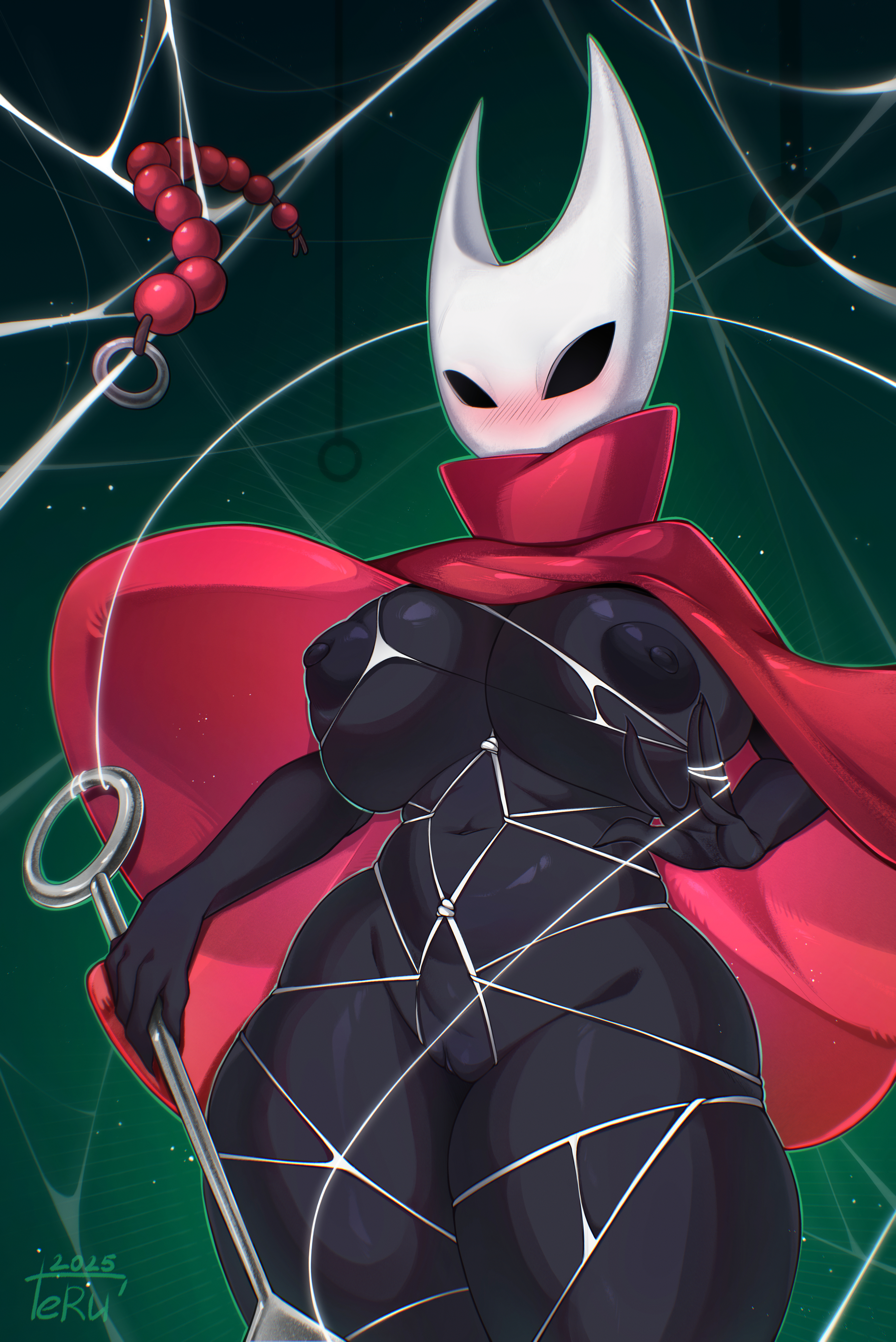 anal beads, ass, black body, bondage, breasts, bug, bug girl, cloak, cloak only, female, hollow knight, hornet, hornet (hollow knight), needle, nipples, red cloak, shy, silk, spear, sword, tsundere, web