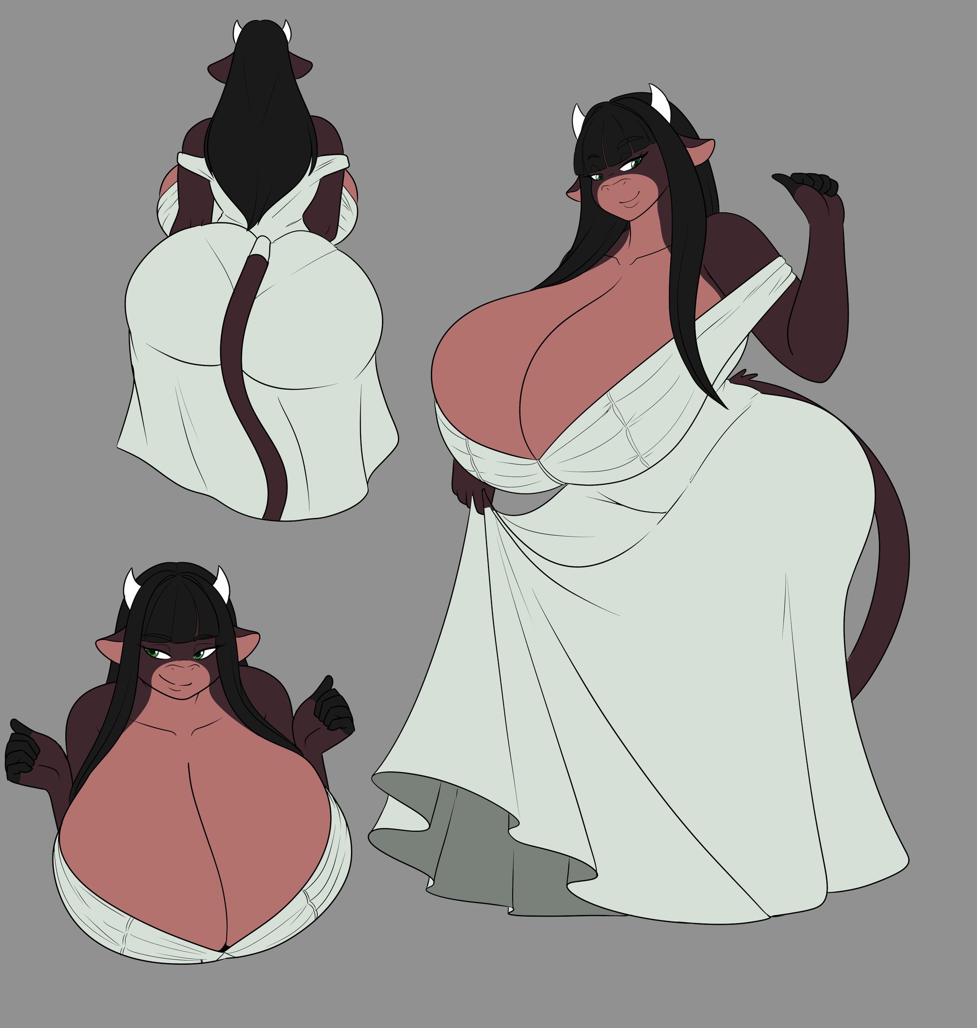 1girls, 2d, 2d (artwork), 2d artwork, artjwink, ass, ass bigger than head, big ass, big breasts, black hair, black hair female, bovine, breasts, breasts bigger than head, brown body, brown fur, cow ears, cow girl, cow horns, cow tail, digital drawing (artwork), digital media (artwork), dress, enormous ass, enormous breasts, female, furry, furry female, furry only, green eyes, green eyes female, grey background, hips, hips wider than shoulders, jwinkz, large ass, large breasts, long hair, long hair female, non-human, poses, posing, showing breasts, solo, solo female, solo focus, summer (jwinkz), tail, two-tone body, two-tone fur, wide hips