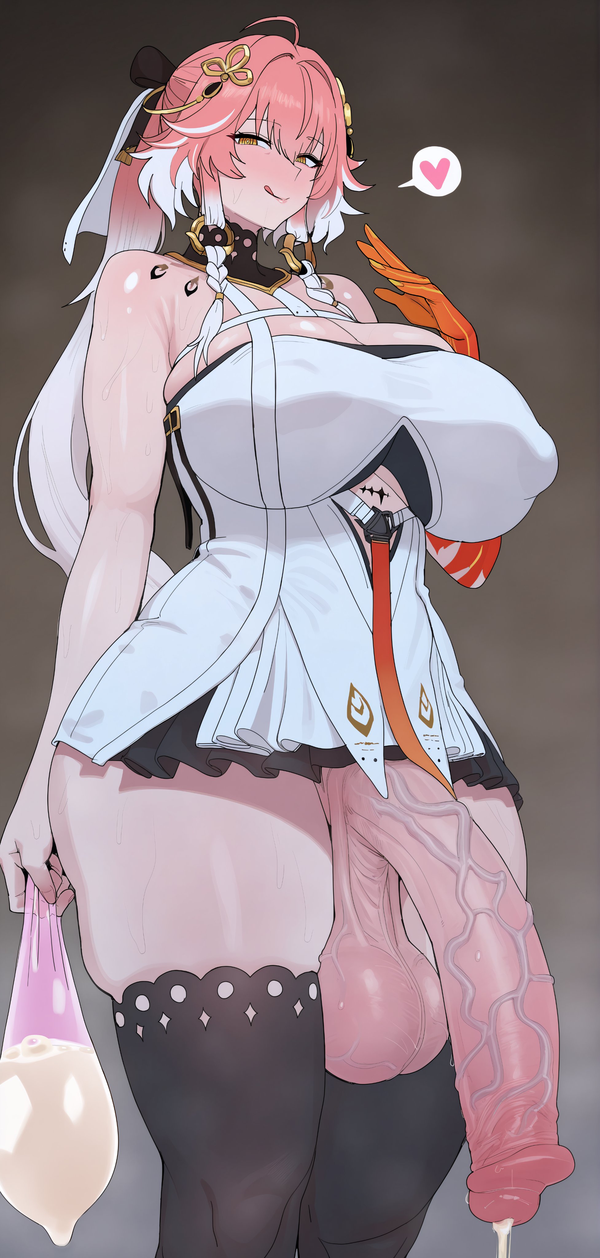 ai generated, asura af, balls, breasts, changli (wuthering waves), condom, condom balloon, cumdrip, excessive cum, female, flaccid, flaccid penis, full-package futa, futa only, futanari, hair ornament, hair ribbon, hair rings, hanging balls, hanging penis, heart, heavy balls, huge balls, huge cock, intersex, large breasts, large testicles, licking lips, looking at viewer, mature female, naughty face, nipple outline, penis, pink hair, poney, sagging balls, saggy balls, skindentation, tacet mark (wuthering waves), tall female, testicles, thick thighs, thighhighs, uncensored, veiny penis, video game, video game character, video games, wide hips, wuthering waves, yellow eyes