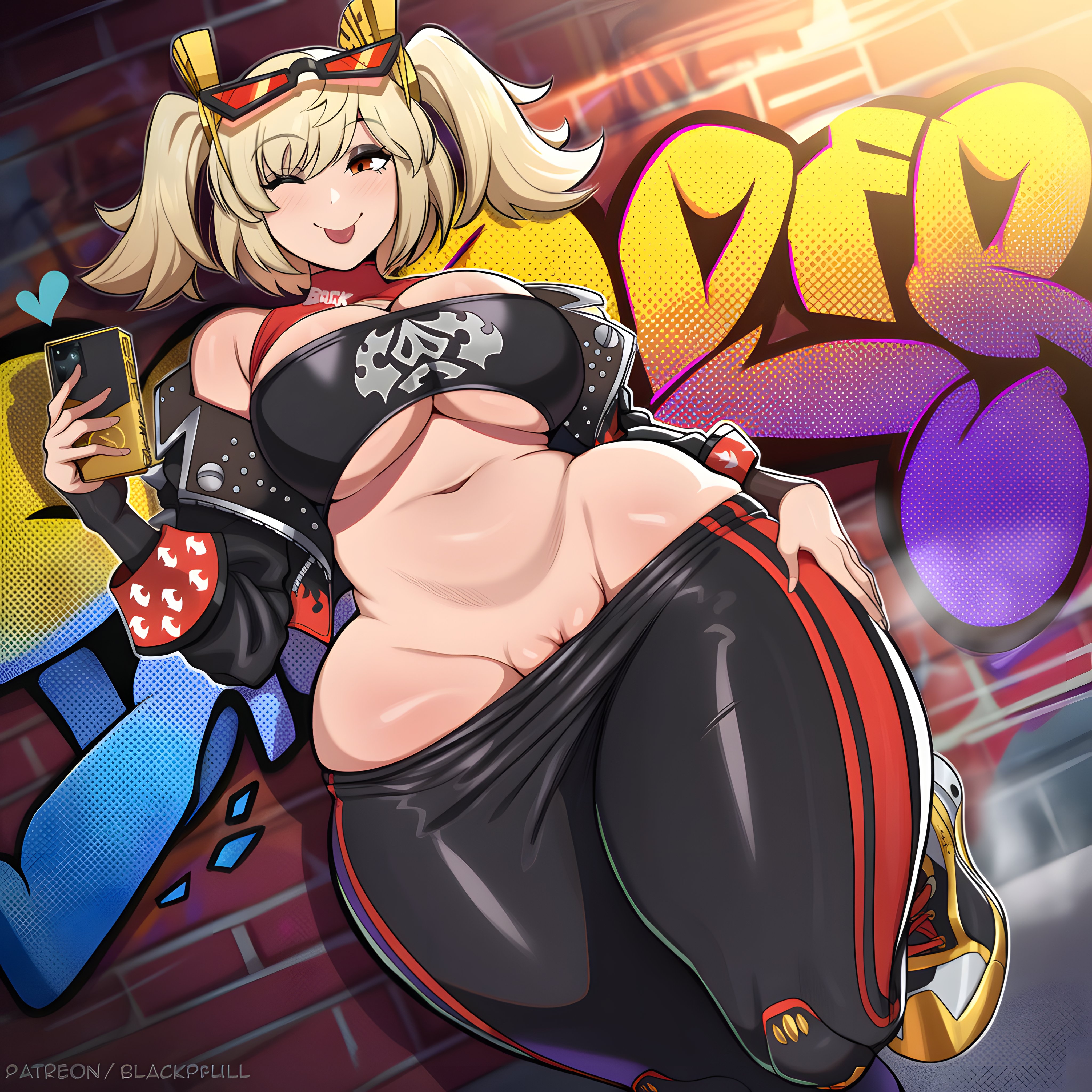 ai generated, blonde female, blonde hair, burnice white, female, glasses, glasses on head, looking at viewer, pussy, softnjelly, solo female, solo focus, tight clothing, tongue out, tummy, wide hips, wink, zenless zone zero