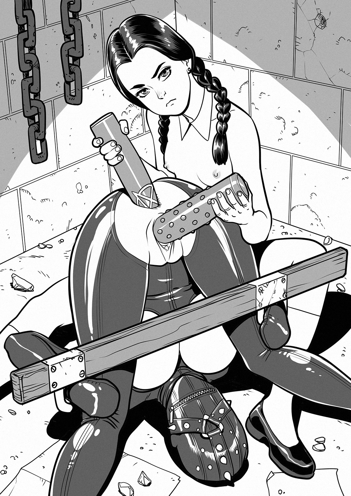 2girls, anal, anal insertion, anal object insertion, anus, ass, black hair, bodysuit, braid, breasts, dildo, female, female only, flats, gothic, greyscale, high resolution, hips, insertion, large breasts, legs, long hair, monochrome, multiple females, multiple girls, nipples, object insertion, pussy, sex toy, shoes, small breasts, socks, stockings, tekuho, the addams family, thighs, tied hair, torn clothes, twin braids, twintails, vagina, vaginal insertion, vaginal object insertion, vaginal penetration, wednesday addams