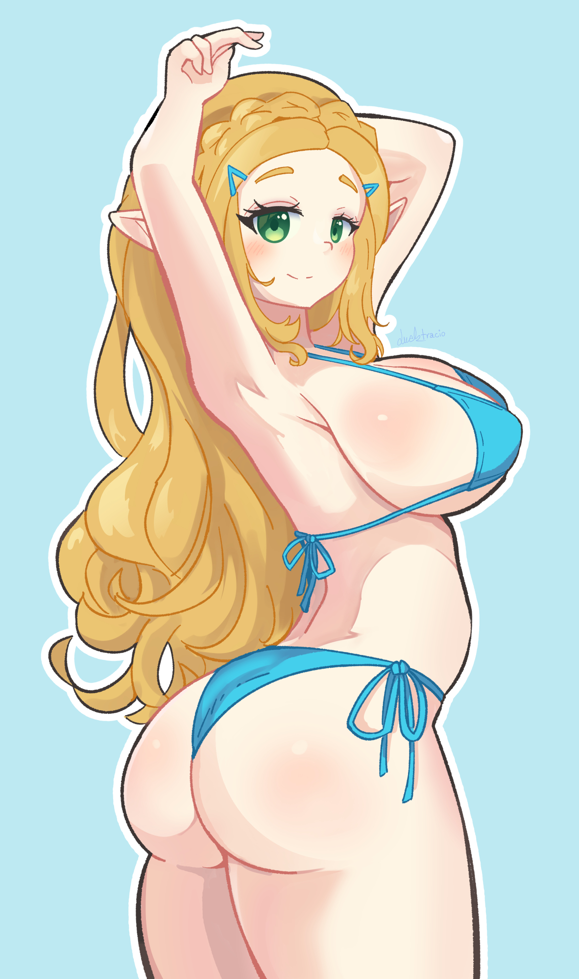 armpits, big breasts, big thighs, big titties, bikini, breasts, breath of the wild, curvaceous, curvaceous female, curvaceous figure, curvy, curvy figure, curvy hips, ducktracio, elf ears, elf female, elf girl, female, female focus, female only, looking at viewer, nintendo, princess zelda, short hair, the legend of zelda, yellow hair, zelda (breath of the wild)
