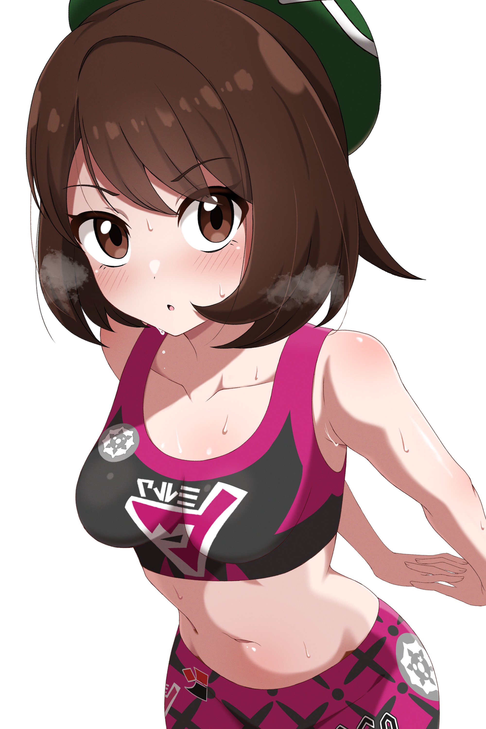 1girls, 2d, absurdres, arms behind back, black sports bra, breasts, brown eyes, brown hair, cosplay, female, female only, gloria (pokemon), green hat, hat, highres, interlocked fingers, looking at viewer, marnie (pokemon), marnie (pokemon) (cosplay), medium breasts, midriff, navel, nintendo, pants, parted lips, pokemon, pokemon ss, pokemon swsh, shabana may, short hair, simple background, solo, sports bra, stomach, stretching, sweat, tam o' shanter, team yell, tight clothes, tight pants, white background