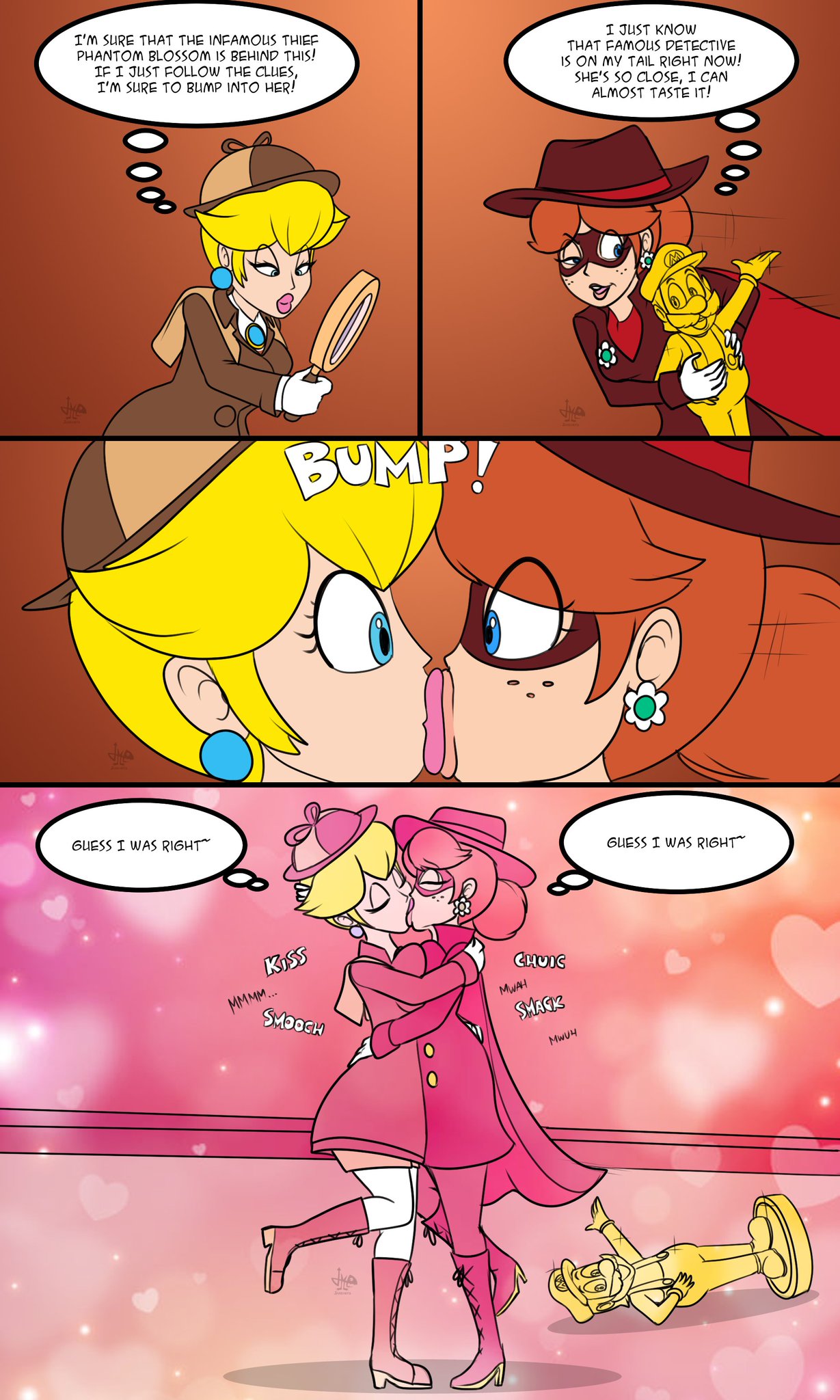 2d, 2d (artwork), 2d artwork, 2girls, accidental kiss, accidental yuri, blonde hair, blonde hair female, blue eyes, blue eyes female, brown hair, brown hair female, colored, comic, detective, detective hat, detective peach, digital drawing (artwork), digital media (artwork), duo, duo focus, ear piercing, earrings, female, female focus, female only, female/female, freckles, freckles on face, gold, human, human female, human on human, inner monologue, jamearts, kissing, light skin, light-skinned female, magnifying glass, mario (series), masked, masked female, nintendo, panels, princess, princess daisy, princess peach, princess peach: showtime!, robber, robbery, super mario bros., text, the scale train, thief, thought bubble, yuri