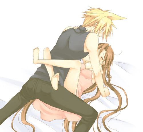 1boy 1girls aerith_gainsborough blonde_hair blonde_hair_male clothed_sex cloud_strife female final_fantasy final_fantasy_vii human human_only implied_penetration implied_sex krudears leg_lock leglock legs_around_partner light-skinned_female light-skinned_male light_skin long_hair male male/female penetration square_enix straight suggestive