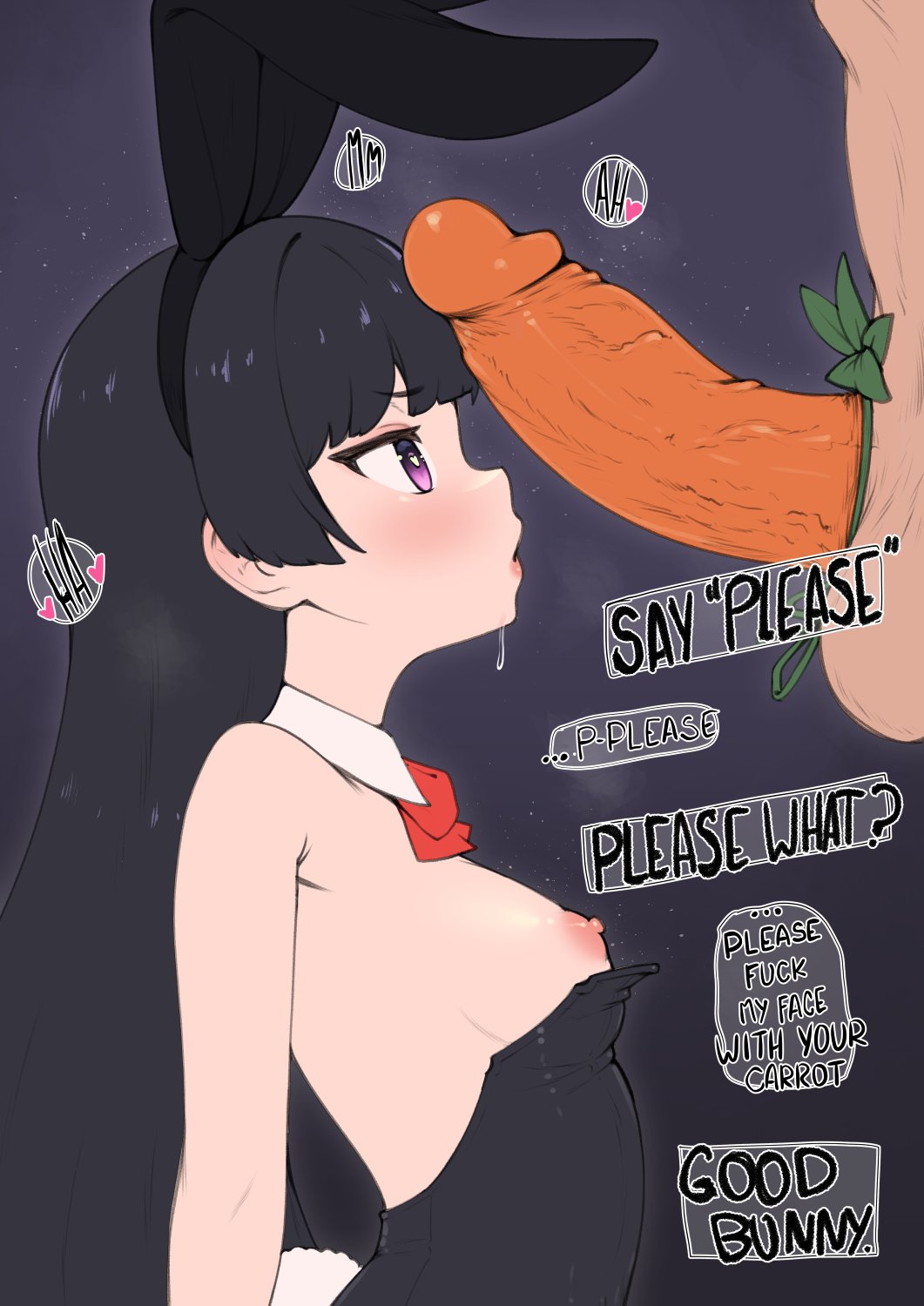 1boy 1girls balls big_penis breast bunny_ears bunny_girl bunny_tail bunnysuit carrot condom conversation dirty_talk female heart-shaped_pupils imminent_oral male original original_character penis small_breasts staring_at_penis tagme teasing text whomperfruit