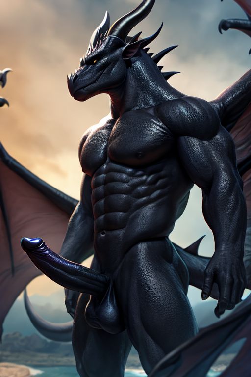 ai_generated anthro balls black cock dragon erect gay horns male muscular naked nude penis scales solo spikes tail wings