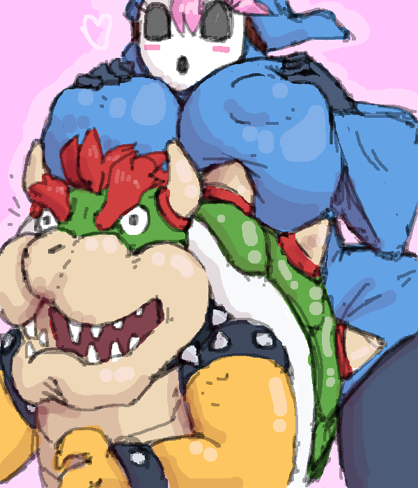 big_breasts bottomless bowser drunkenomaha holding_breasts mario_(series) nintendo nipple_bulge shy_gal tagme thick_thighs