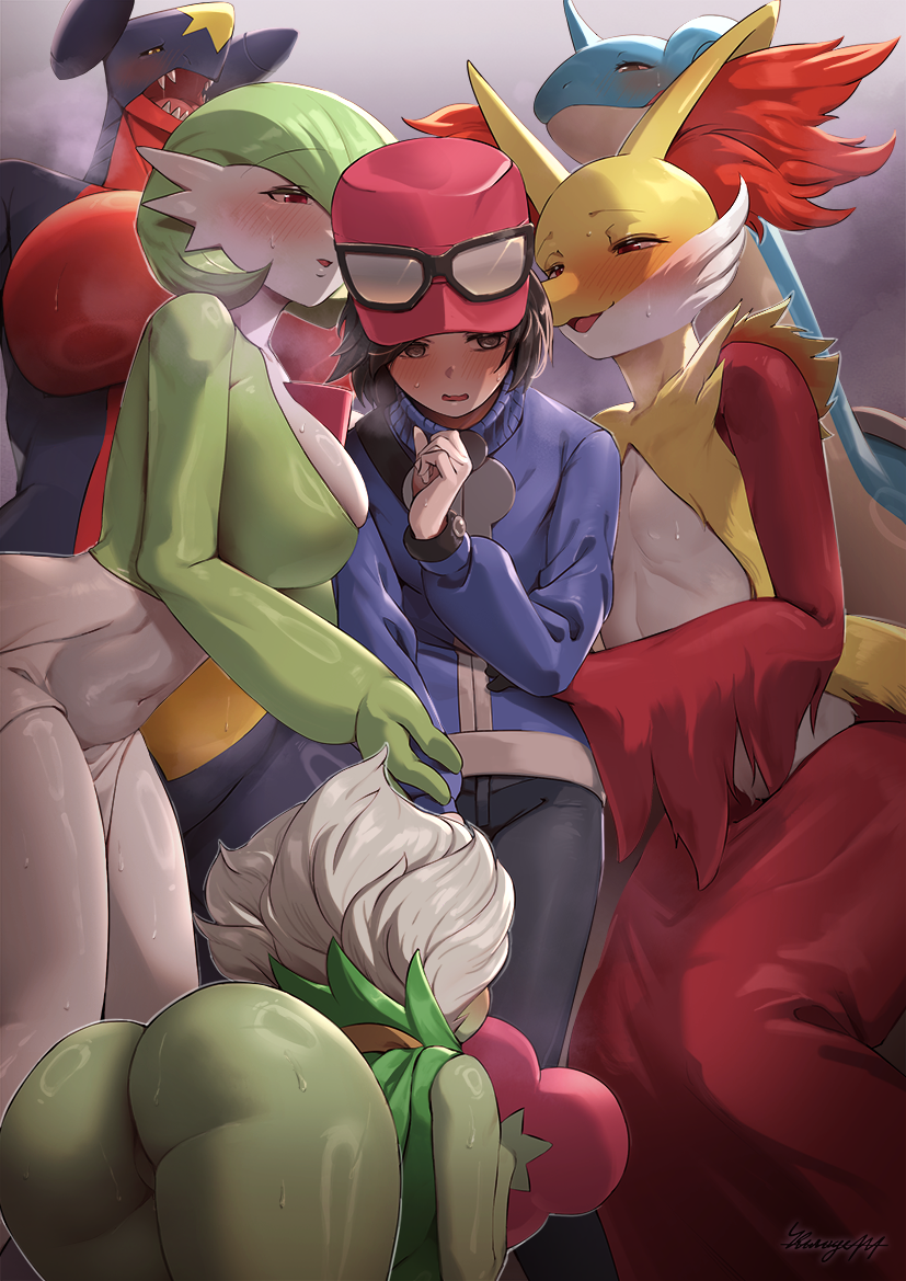 2025 anthro ass big_breasts big_butt blush bodily_fluids breasts calem_(pokemon) clothed clothing delphox female femboy garchomp gardevoir generation_1_pokemon generation_3_pokemon generation_4_pokemon generation_6_pokemon human humanoid kurage444 lapras male mammal nintendo pokemon pokemon_(species) roserade sweat sweatdrop sweaty_butt