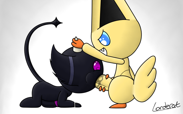 2boys blue_eyes furry gay holding_penis interspecies legendary_pokemon lorderat male_only nintendo oral penis pokemon pokemon_bw purple_eyes simple_background text victini video_games