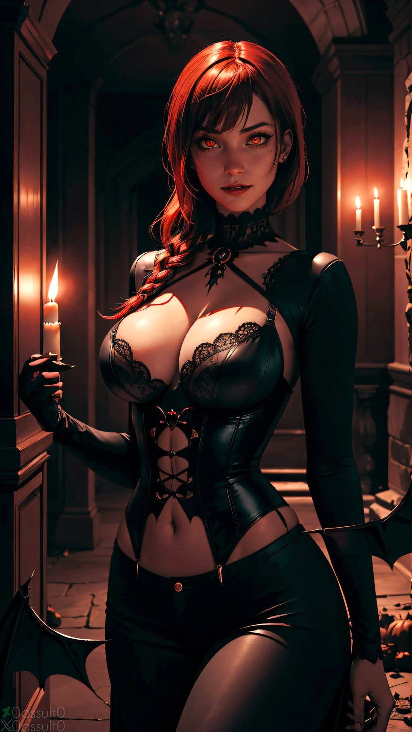 0assult0 ai_generated anime babe black_clothing candle candlelight castle chainsaw_man cleavage corridor corset darkness demon demon_girl evil female glowing_eyes halloween halloween_costume halloween_theme hallway large_breasts leather leather_clothing makima_(chainsaw_man) navel red_hair seductive seductive_eyes sexy smiling_at_viewer solo stable_diffusion twintails villainess voluptuous voluptuous_female young_woman