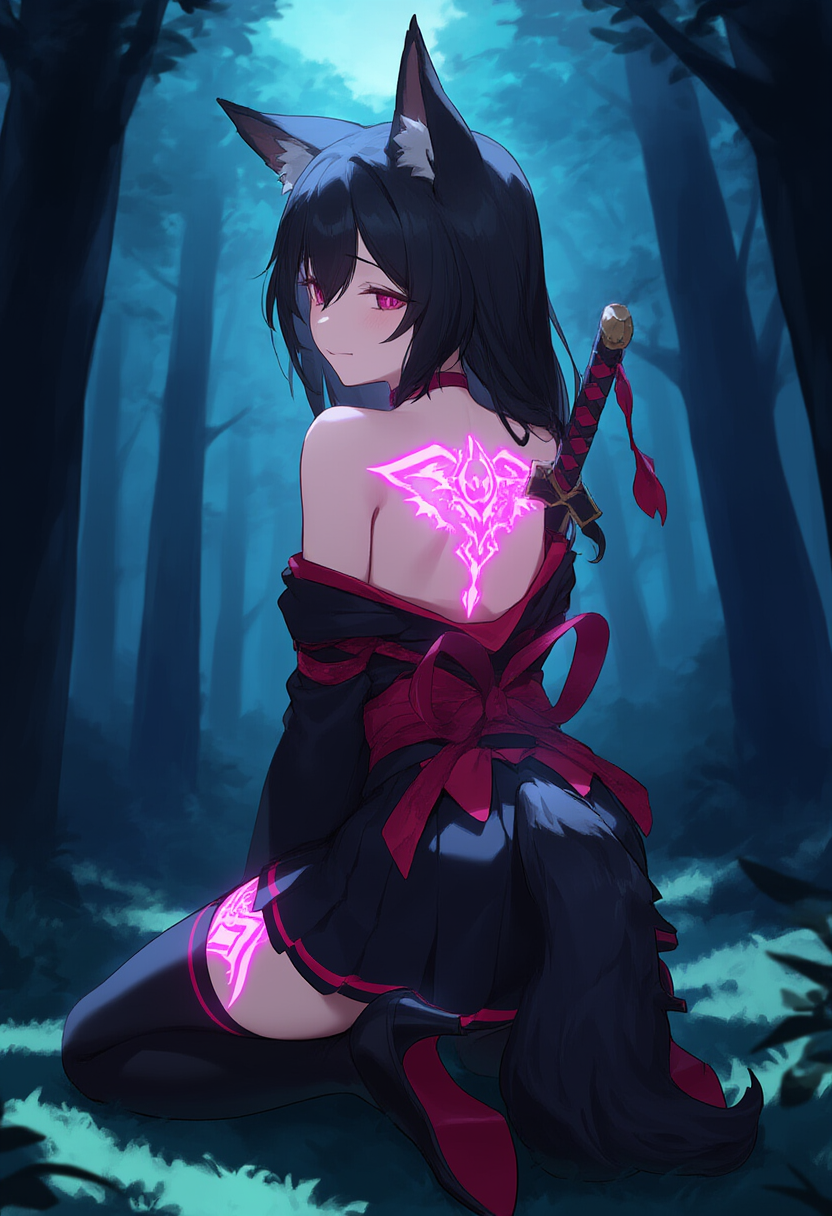 1girls ai_art ai_generated bare_back black_hair body_tattoo choker defeated_heroine forest glowing_tattoo high_heels mind_control night novelai ribbon skirt sword thighhighs top_pulled_down wolf_ears wolf_girl wolf_tail