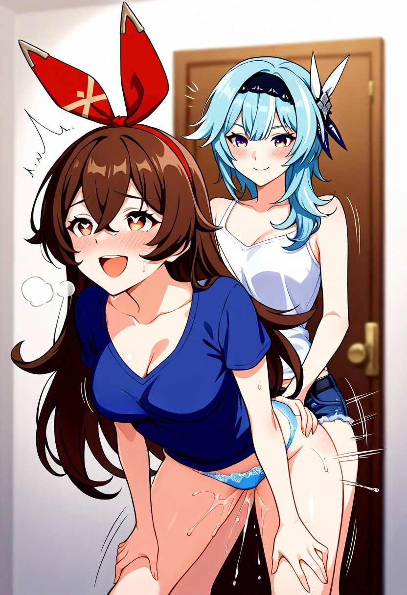 2girls ai_generated amber_(genshin_impact) ass ass_grab bent_over blush breasts clothing eula_(genshin_impact) from_behind from_behind_position genshin_impact happy heavy_breathing indoors medium_breasts motion_lines open_mouth pussy_juice shiny_skin smirking wet yuri yuri